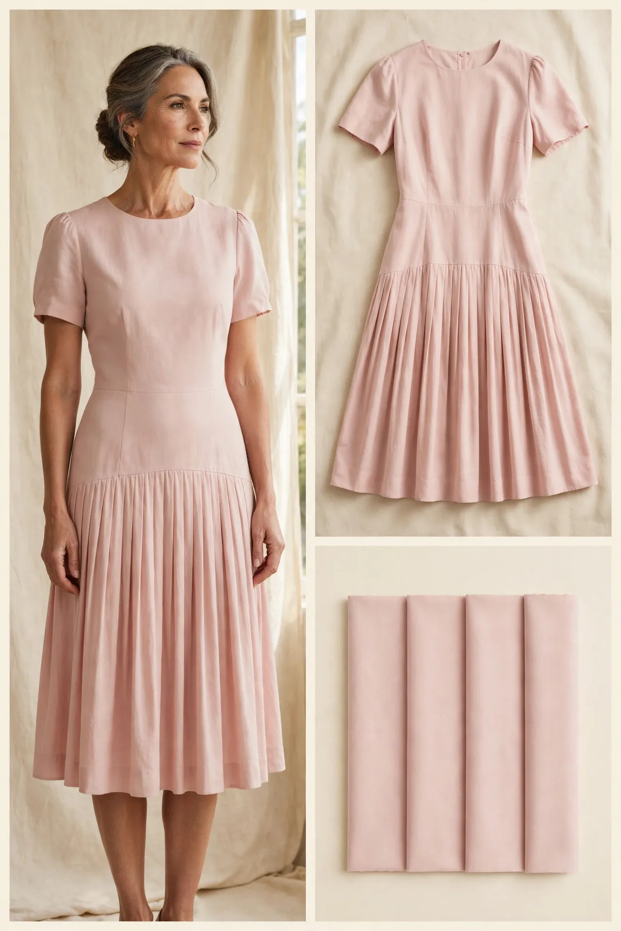 Woman over 50 wearing a blush pink drop-waist dress with a pleated skirt