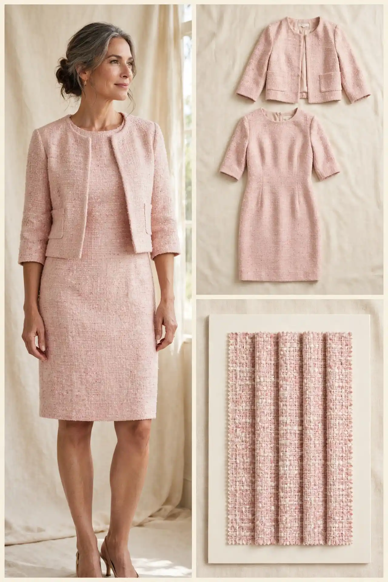 Woman over 50 in a blush pink tweed shift dress with a matching cropped tweed jacket, knee length and 3/4 sleeves, with matching flat-lay and tweed fabric swatches