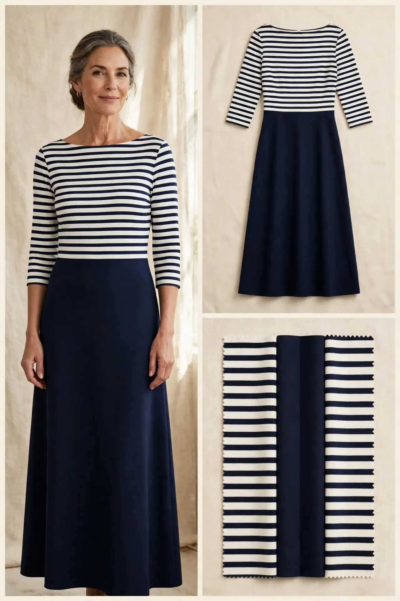 Striped boat-neck dress for pear-shaped women over 50 — bateau neckline, three-quarter sleeves, flat lay and jersey swatches