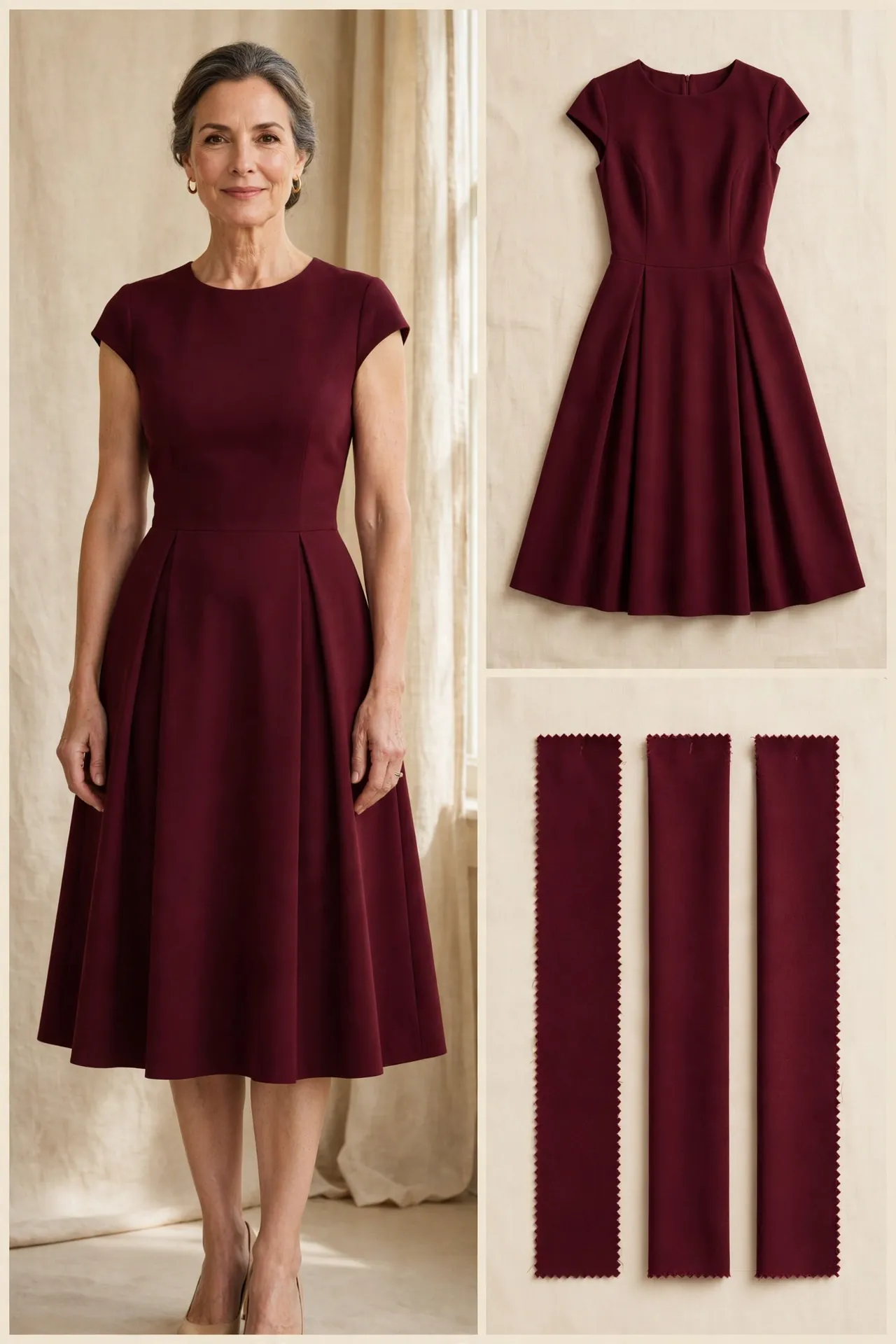 Woman over 50 wearing a burgundy fit-and-flare dress with a pleated skirt and cap sleeves