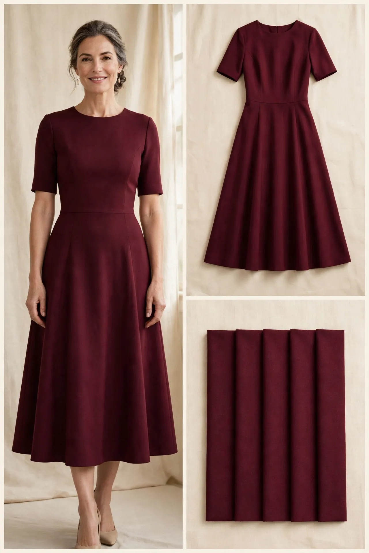 Elegant woman over 50 in a burgundy fit-and-flare midi dress with a fitted bodice, natural-waist seam, gently flared skirt and short sleeves, shown as worn photo, flat-lay and fabric swatches