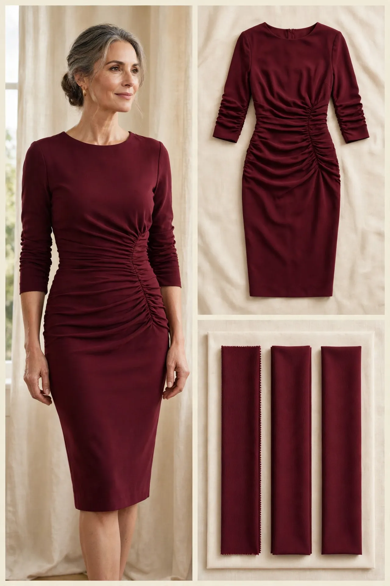 An elegant woman over 50 wearing a burgundy ruched-waist sheath dress in stretch crepe with three-quarter sleeves.