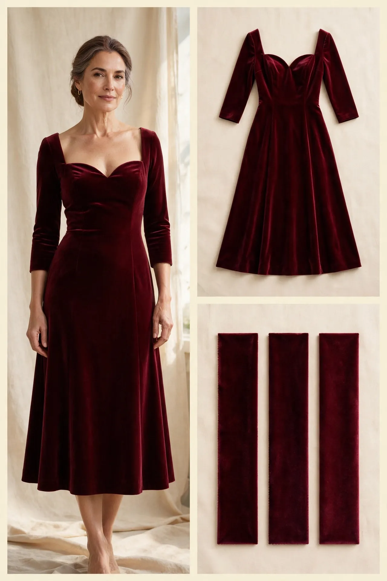Fashion collage of a woman over 50 wearing a burgundy velvet sweetheart-neck midi dress with 3/4 sleeves, with matching flat-lay and velvet fabric swatches