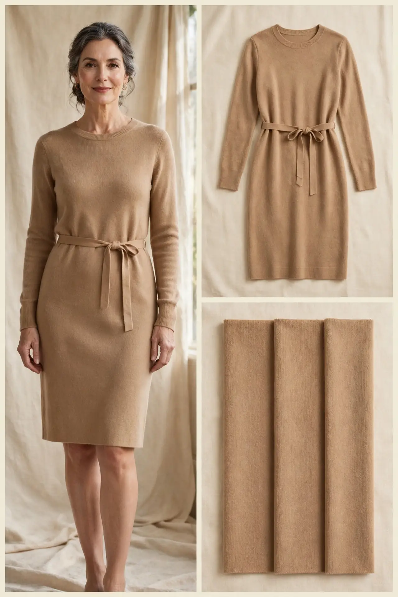 Woman over 50 wearing a camel fine-knit belted sweater dress with long sleeves