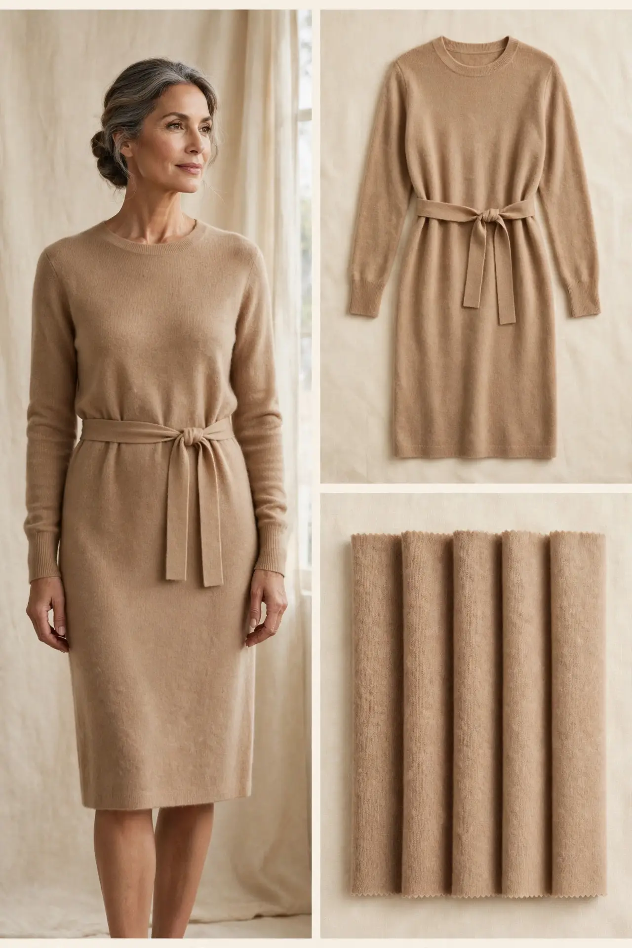 Elegant woman over 50 in a camel cashmere sweater dress with a soft fabric belt and long sleeves, shown worn, as a flat-lay, and as fabric swatches.