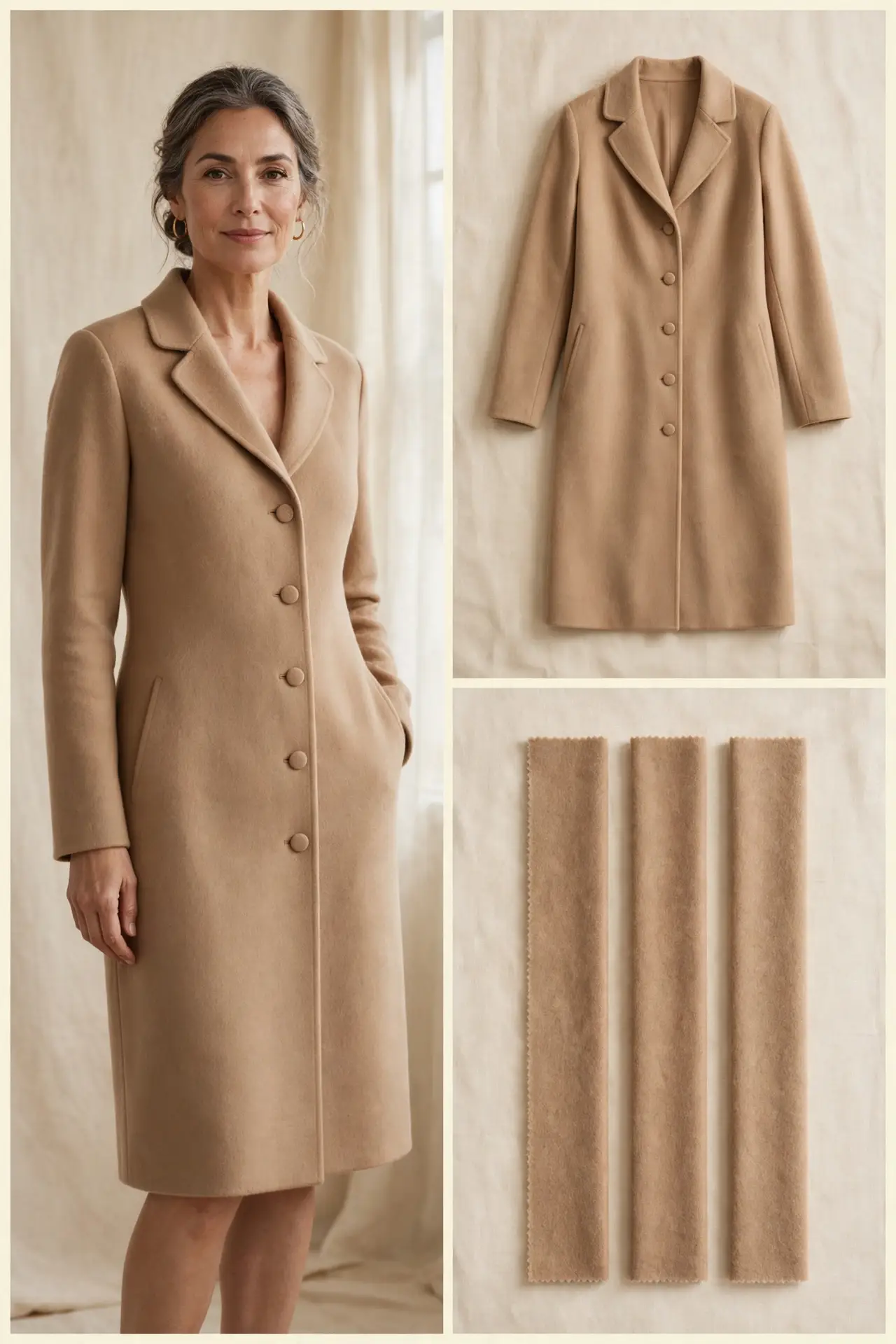 Woman over 50 wearing a camel wool-blend single-breasted coat dress with soft rounded lapels and covered buttons