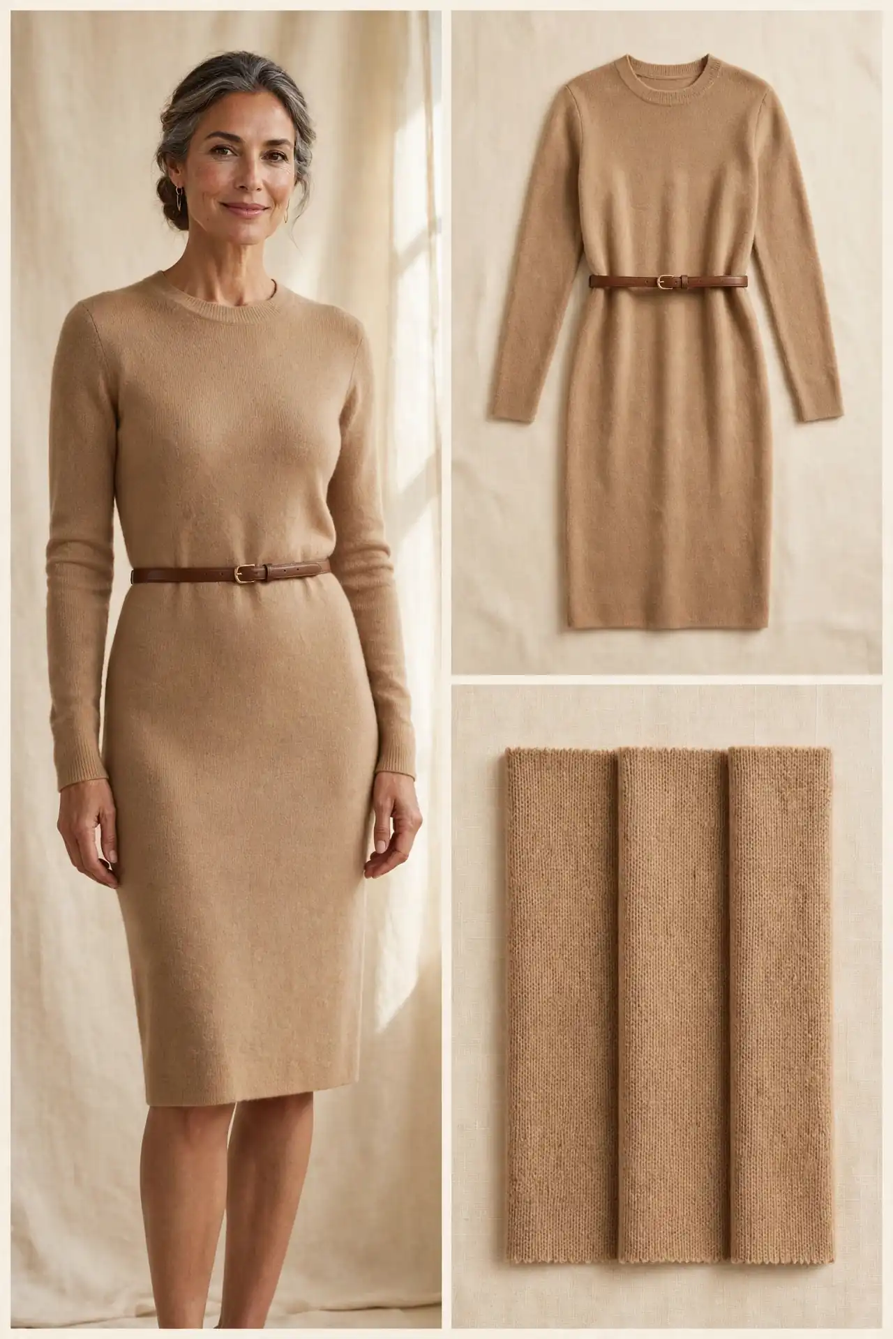 Elegant woman over 50 in a camel fine-knit merino sweater dress with a slim leather belt, knee length and long sleeves, shown as worn photo, flat-lay and fabric swatches