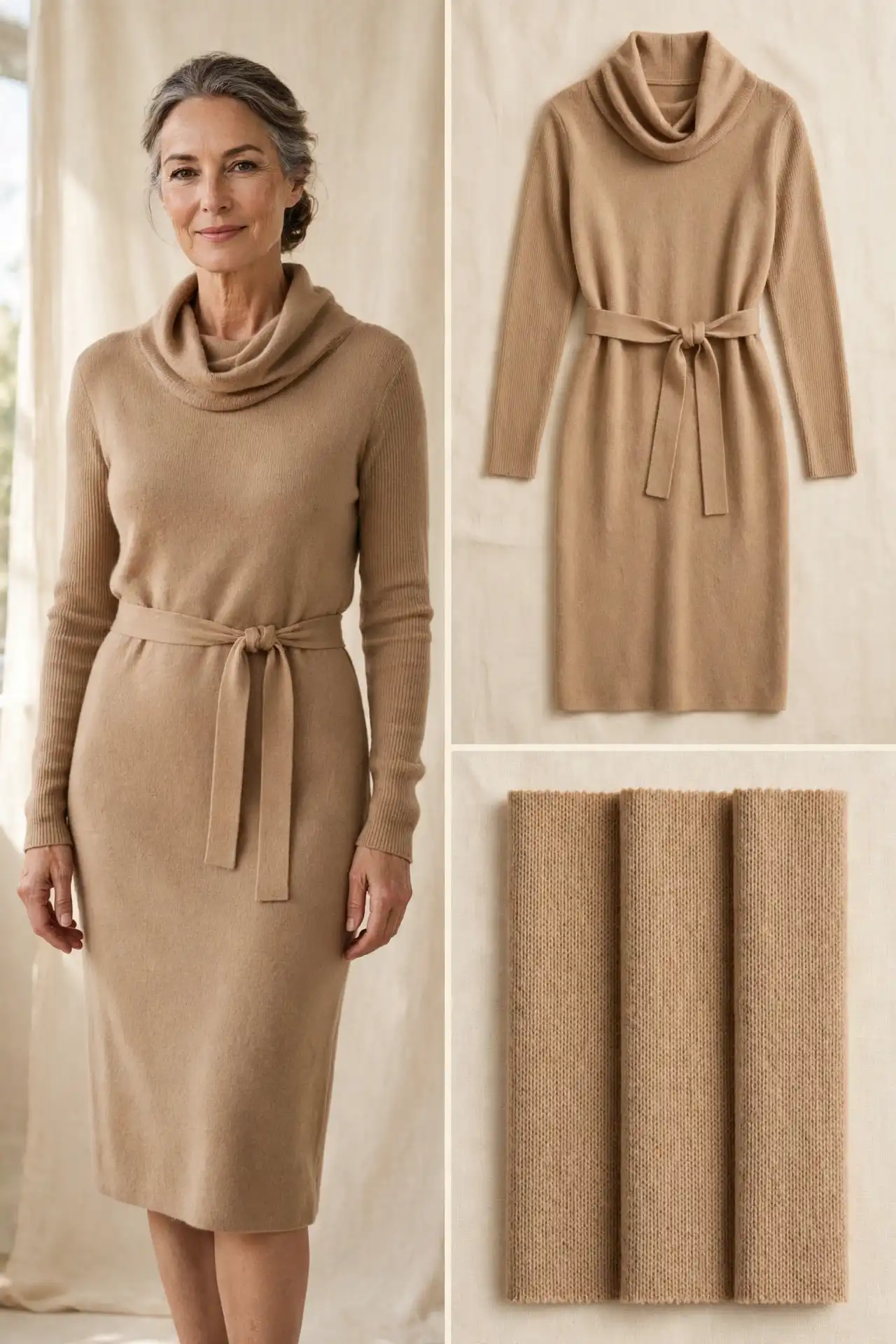 A woman over 50 in a camel fine-knit belted cowl-neck sweater dress with long sleeves.