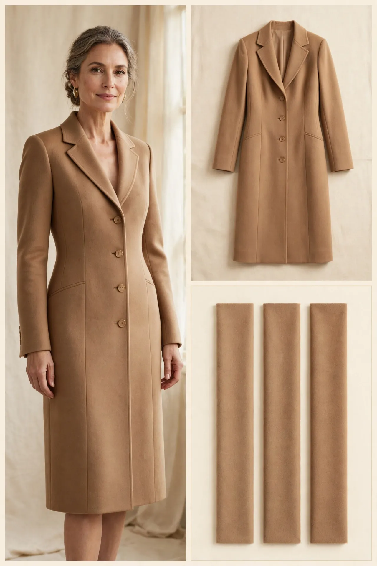 A woman over 50 wearing a camel wool-blend coat dress with lapels and single-breasted buttons.
