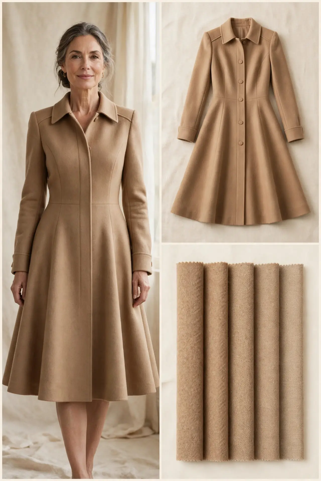 Woman over 50 wearing a camel wool-blend swing coat dress with structured shoulders