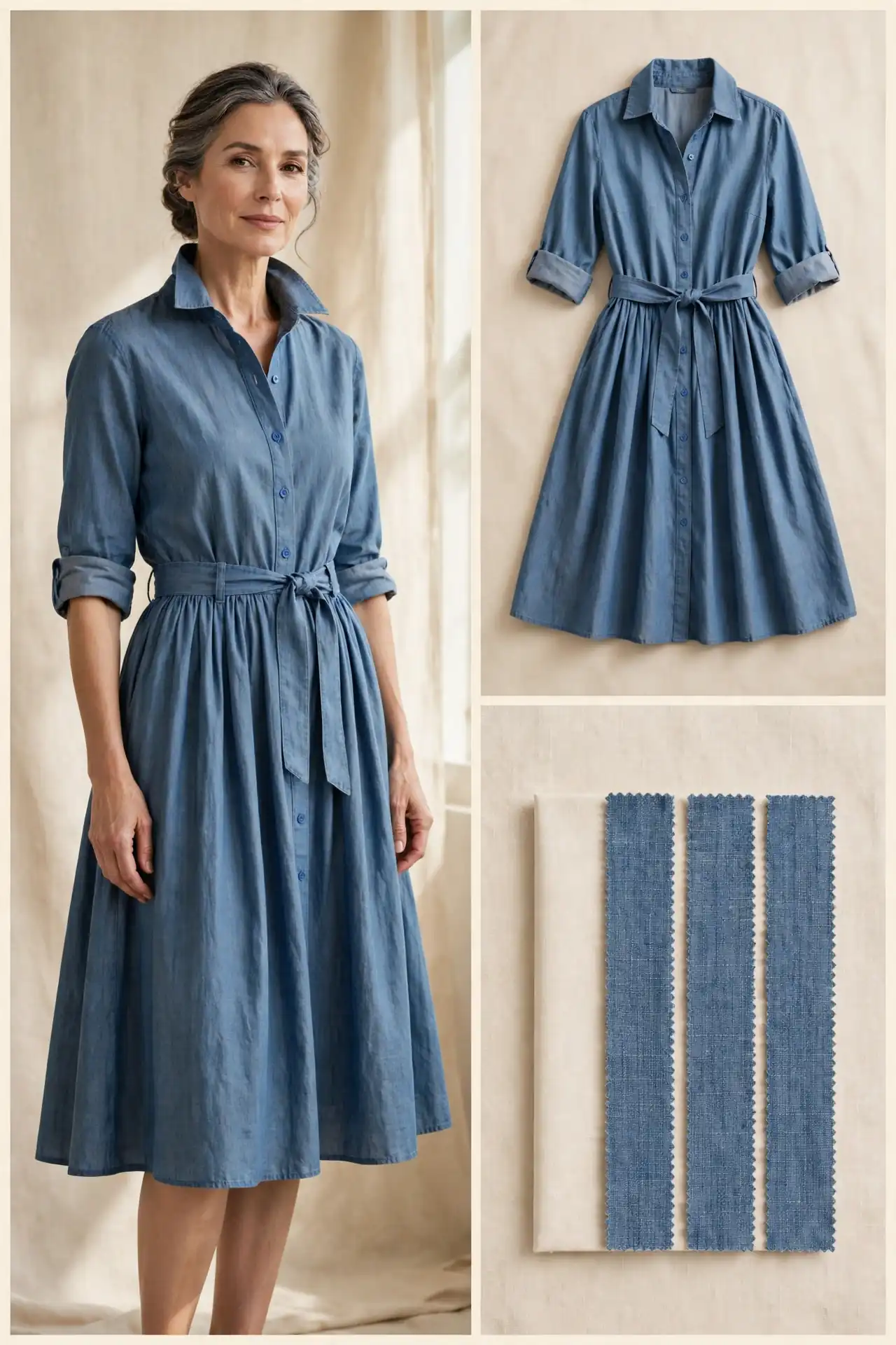 Woman over 50 wearing a chambray blue belted shirtdress with a gathered full skirt