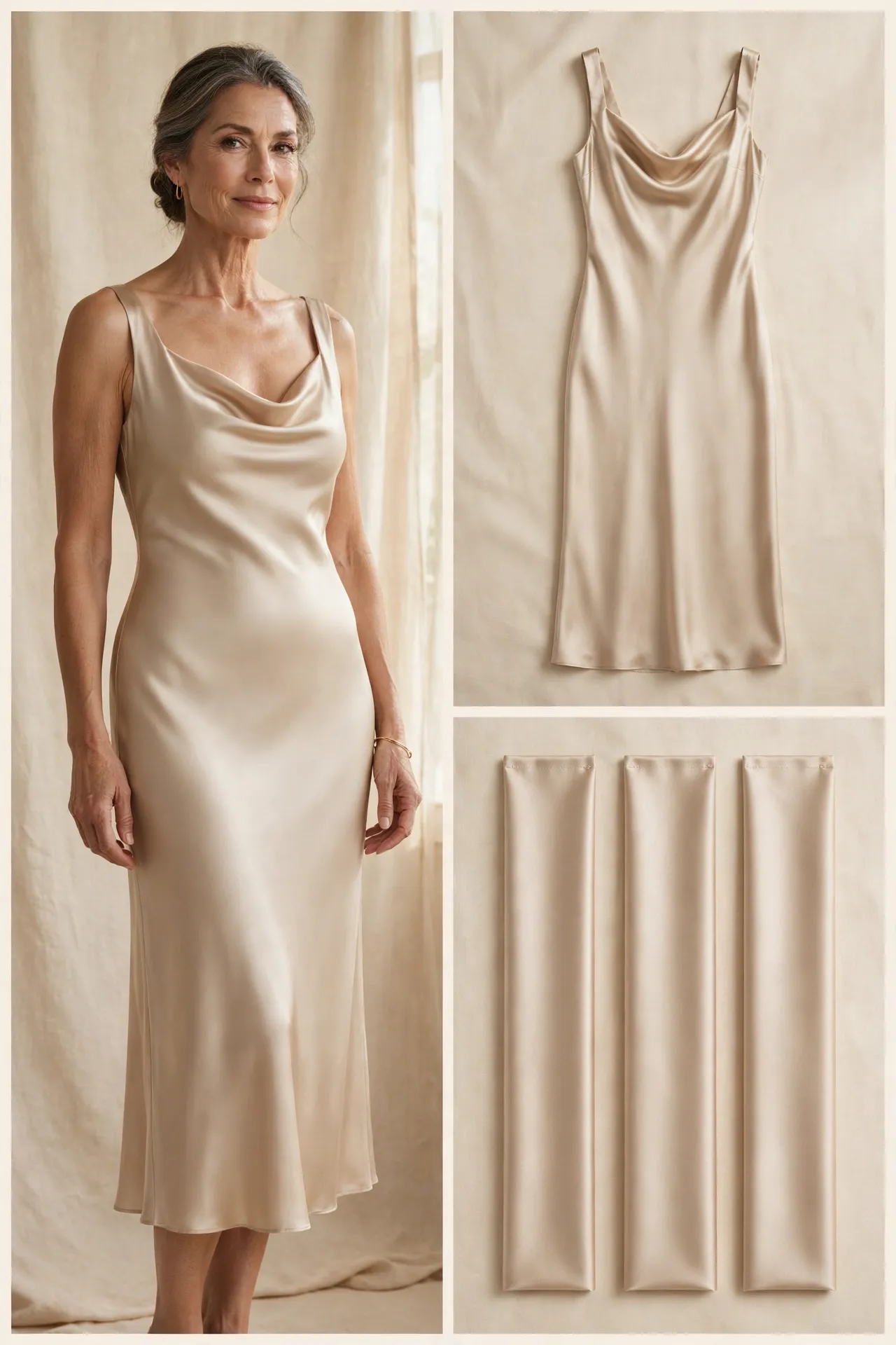 Woman over 50 wearing a champagne bias-cut satin midi dress with a soft cowl neckline and wider straps