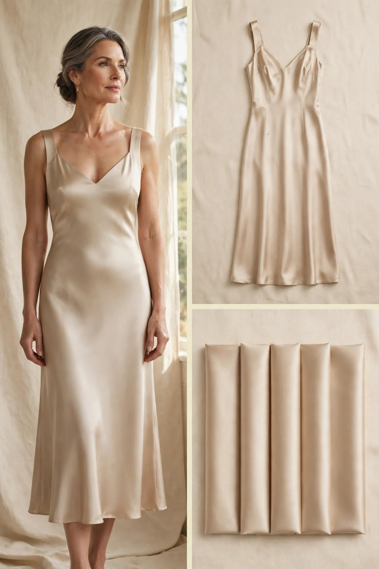 Elegant woman over 50 in a champagne bias-cut satin midi dress with a V-neckline and wider straps, shown worn, as a flat-lay, and as fabric swatches.