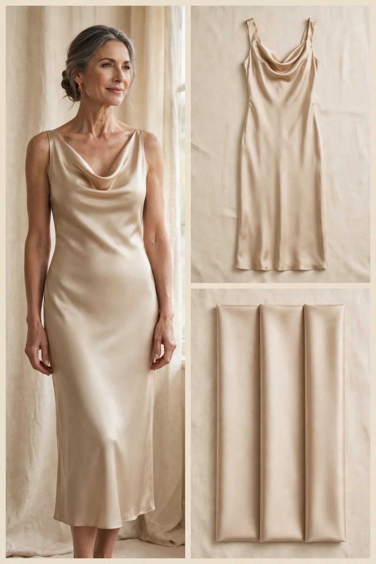 A graceful woman over 50 in a champagne satin cowl-neck slip midi dress with a bias cut and draped neckline.