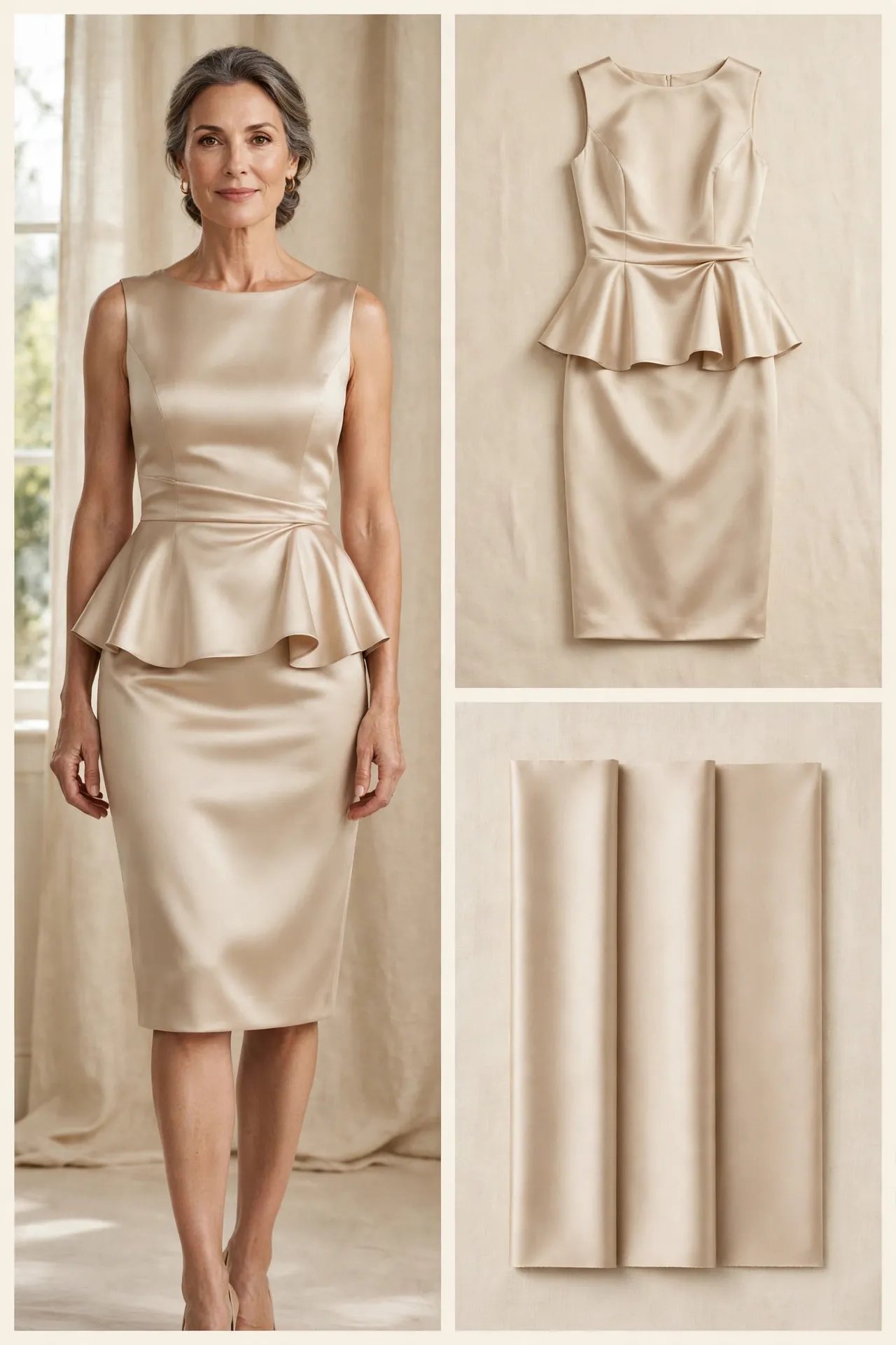 Fashion collage of a woman over 50 wearing a champagne satin peplum cocktail dress with draped waist peplum, with matching flat-lay and satin fabric swatches