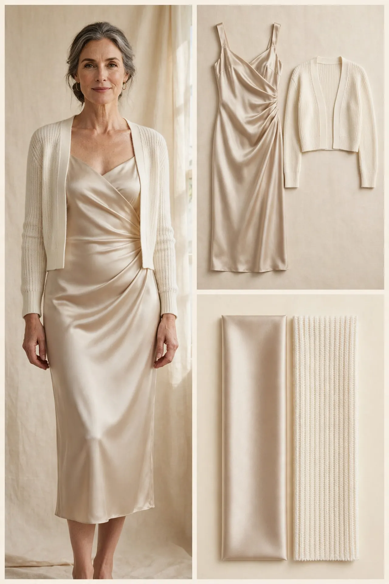 Woman over 50 wearing a champagne satin bias-cut slip dress layered with a cropped ivory cardigan