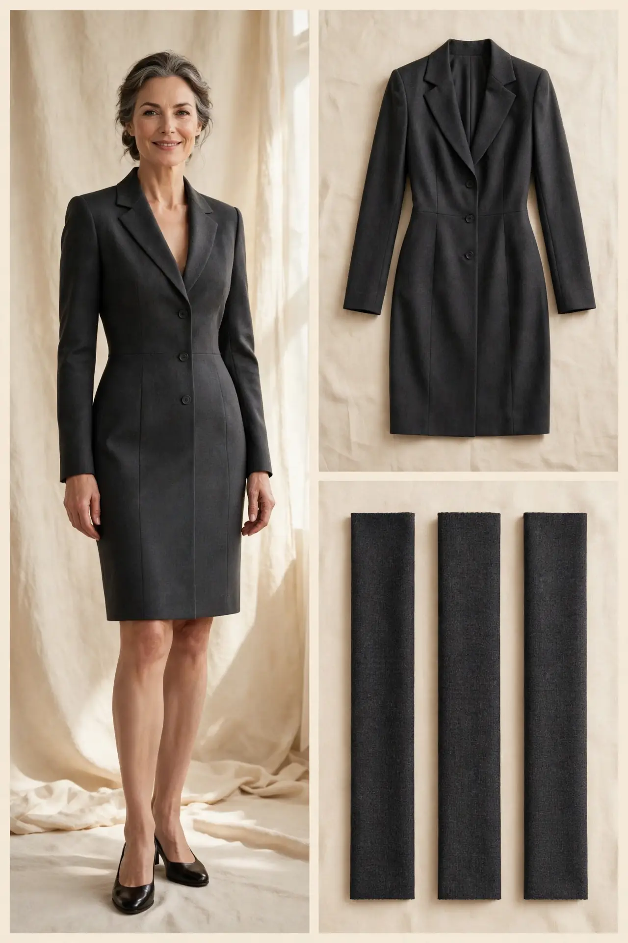 Elegant woman over 50 wearing a charcoal tailored blazer dress with notched lapels, structured shoulders, tailored waist and long sleeves, shown as worn photo, flat-lay and fabric swatches