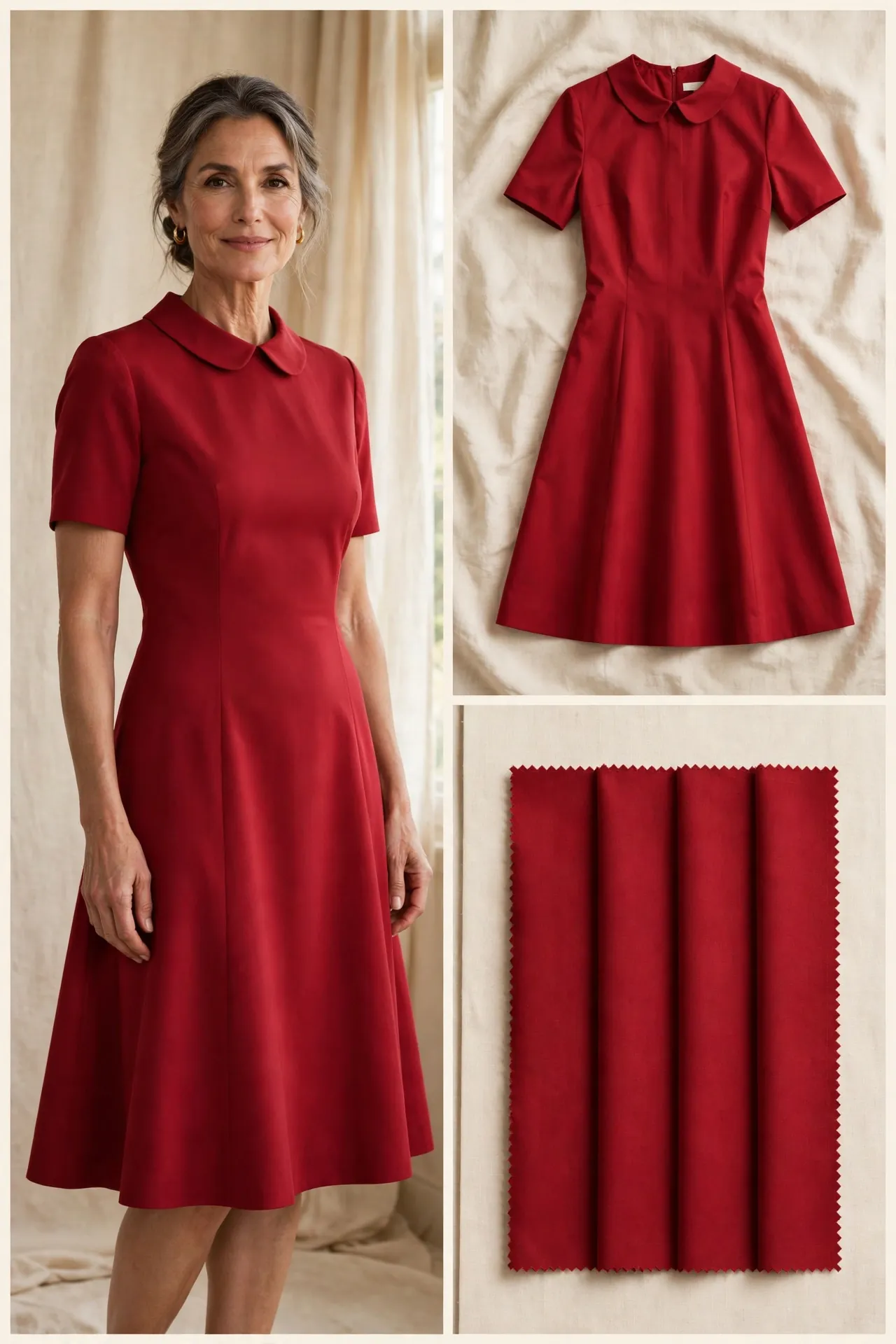 Woman over 50 wearing a cherry red fit-and-flare dress with a Peter Pan collar, short sleeves and knee length, with matching flat-lay and red fabric swatches