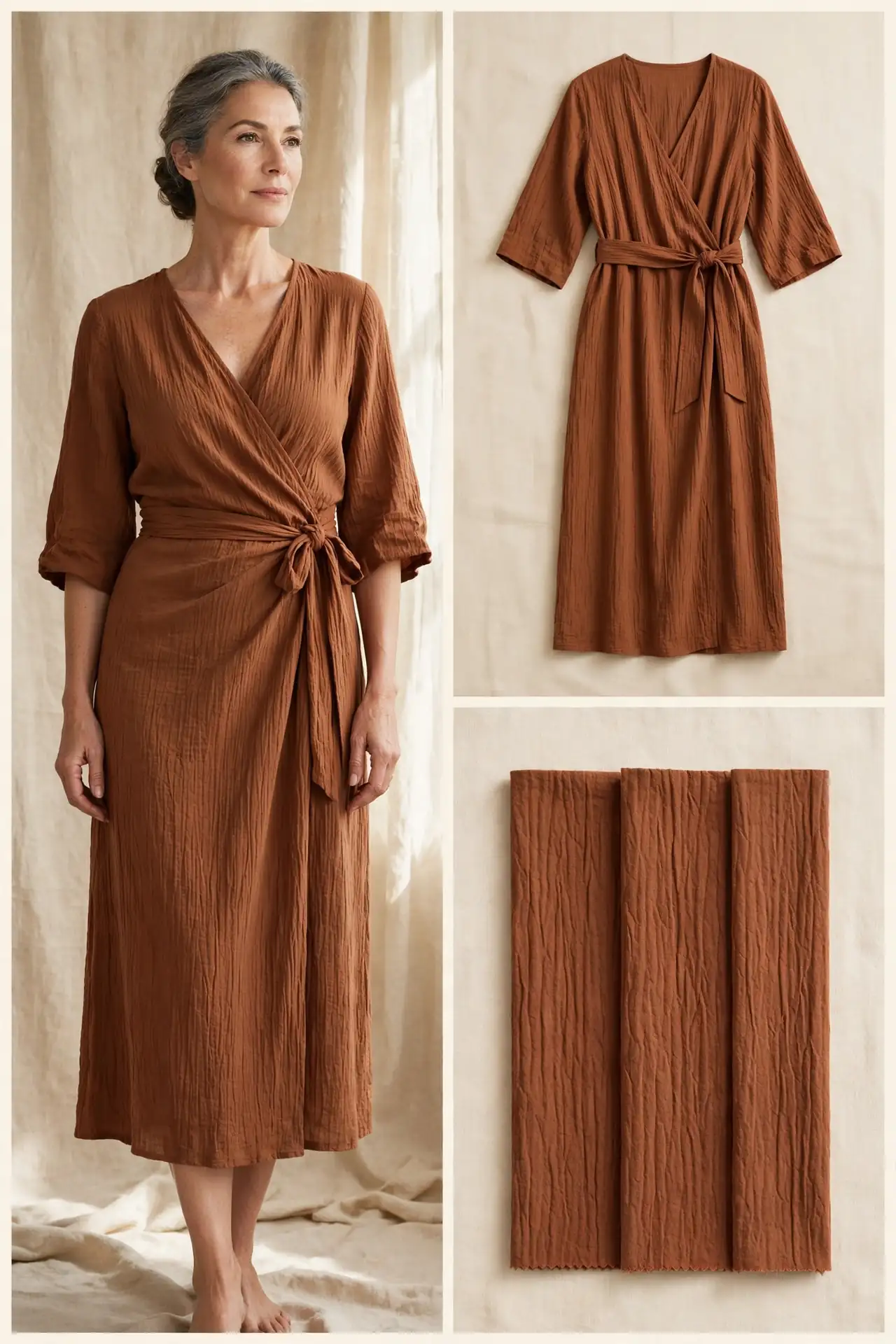 Woman over 50 in a clay terracotta crinkled cotton wrap dress with waist tie, elbow sleeves and midi length