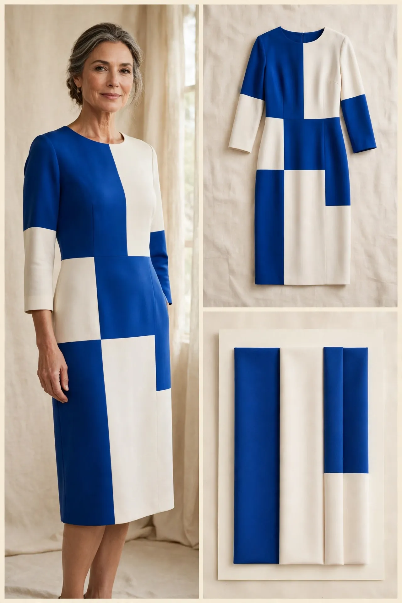 A woman over 50 wearing a cobalt-and-ivory colour-block column dress with 3/4 sleeves.
