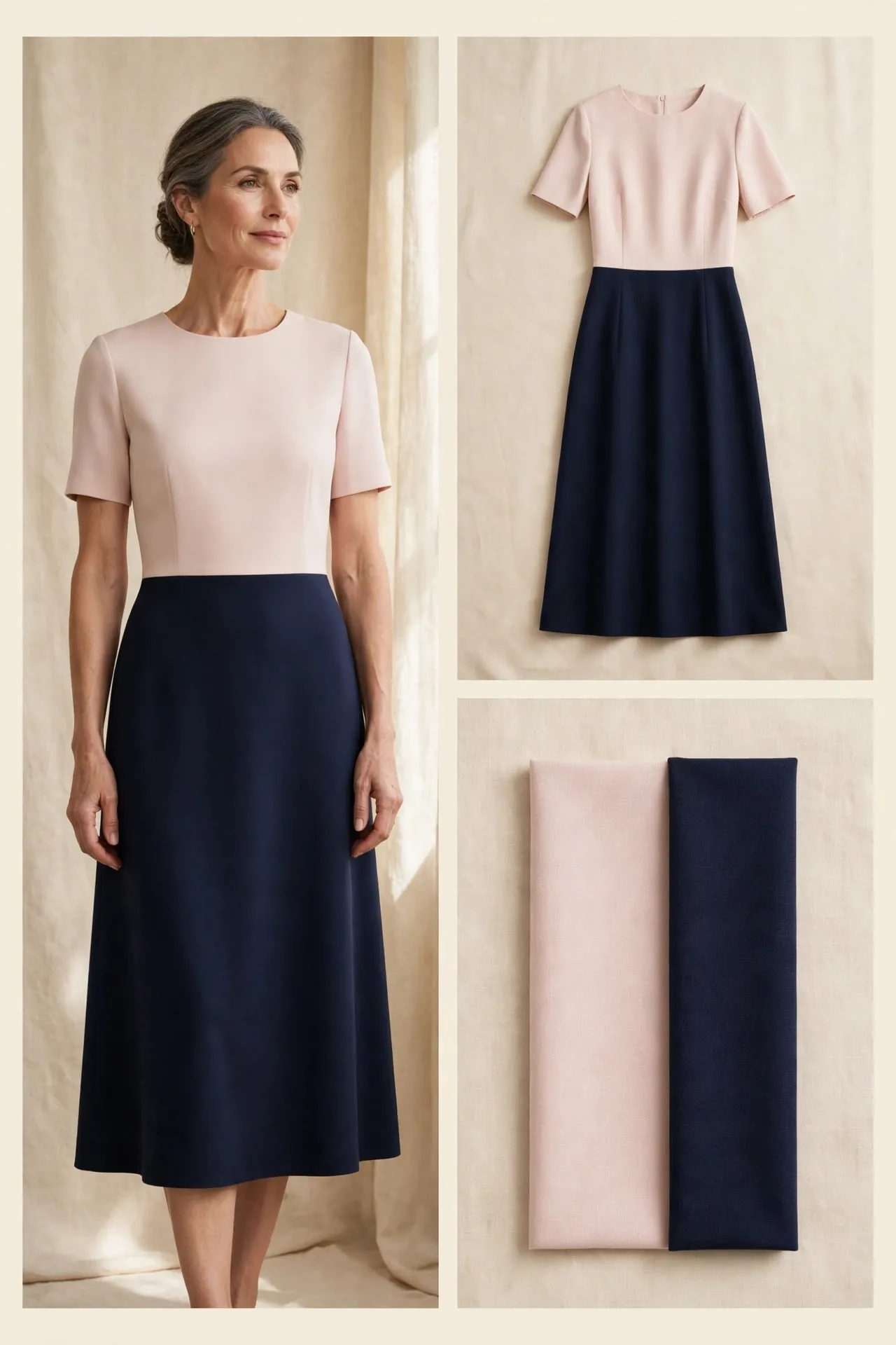 Blush and navy colour-block dress for pear-shaped women over 50 — light bodice, dark skirt, flat lay and fabric swatches