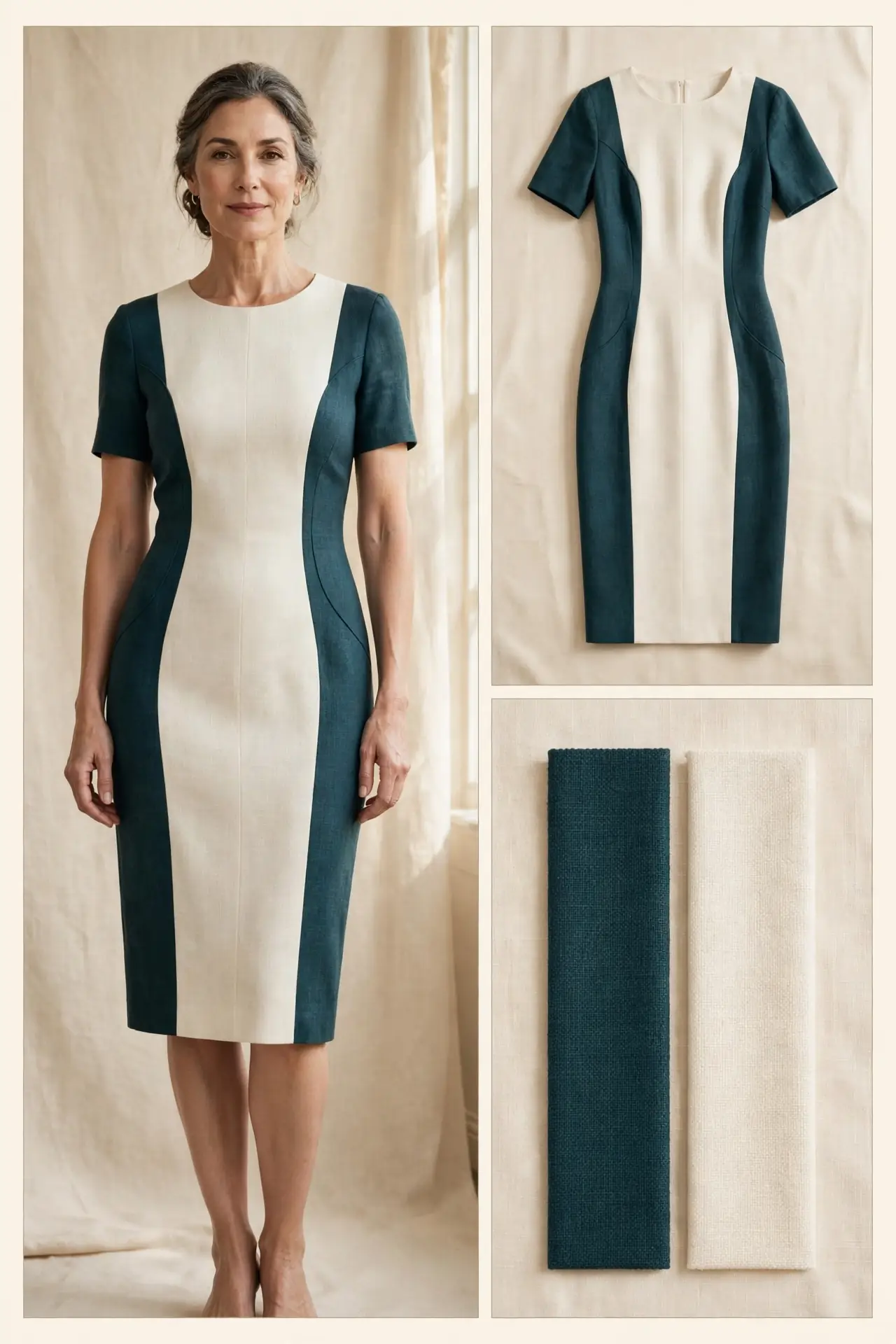 Woman over 50 wearing a colour-block sheath dress with dark teal side panels and an ivory centre panel