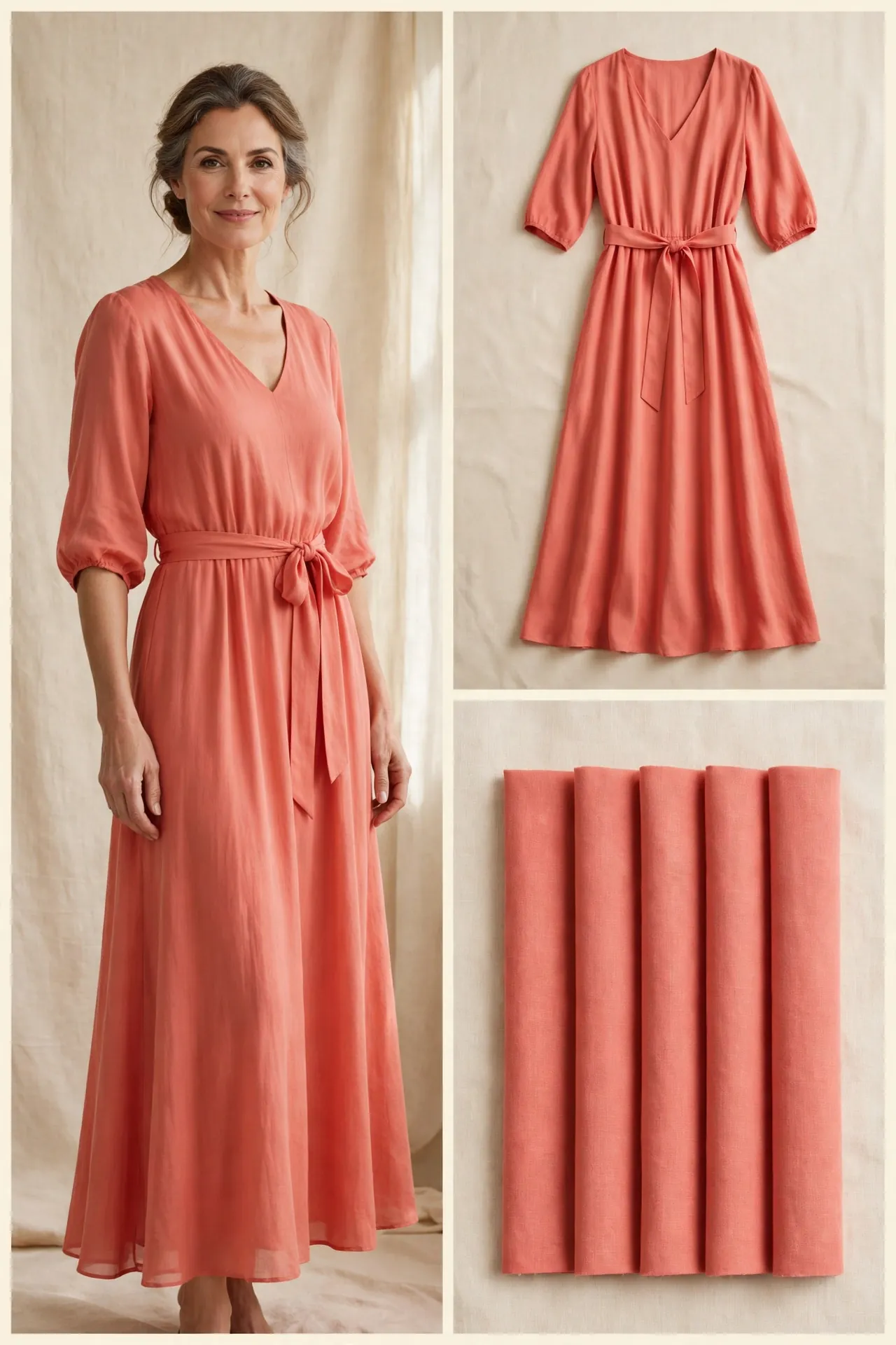 Elegant woman over 50 wearing a coral belted maxi dress in light flowing fabric with a tie belt at the waist, V-neck and elbow sleeves, shown as worn photo, flat-lay and fabric swatches