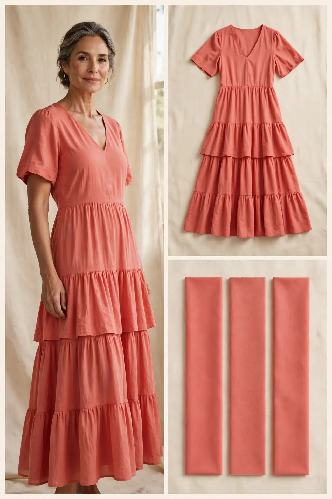 Woman over 50 wearing a coral tiered maxi dress with a V-neck