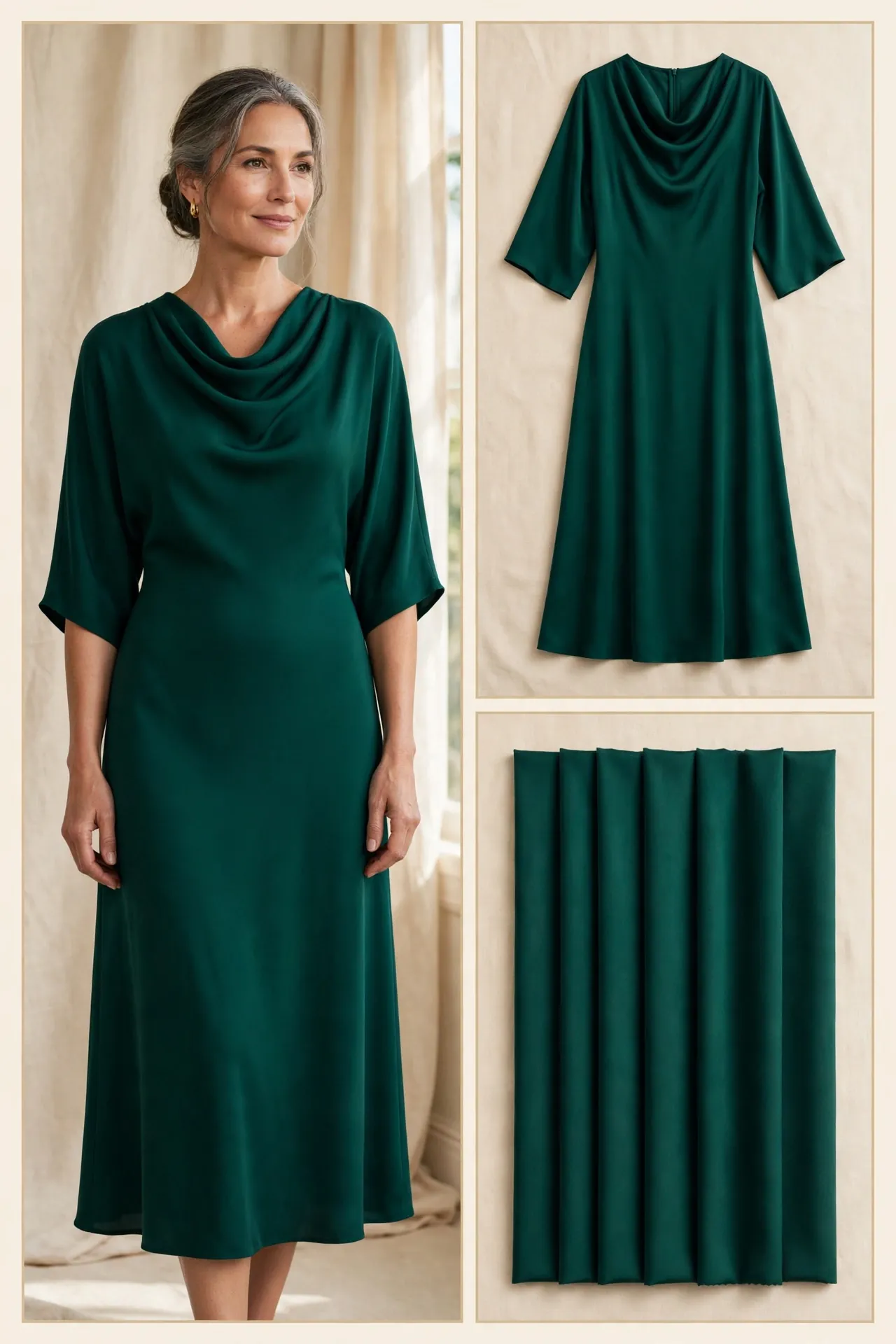 Woman over 50 wearing an emerald jewel-tone cowl-neck midi dress in satin crepe