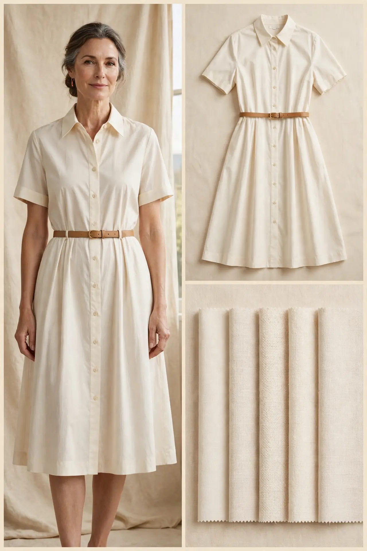 Elegant woman over 50 wearing a cream cotton belted shirtdress with a tan leather belt and full button front