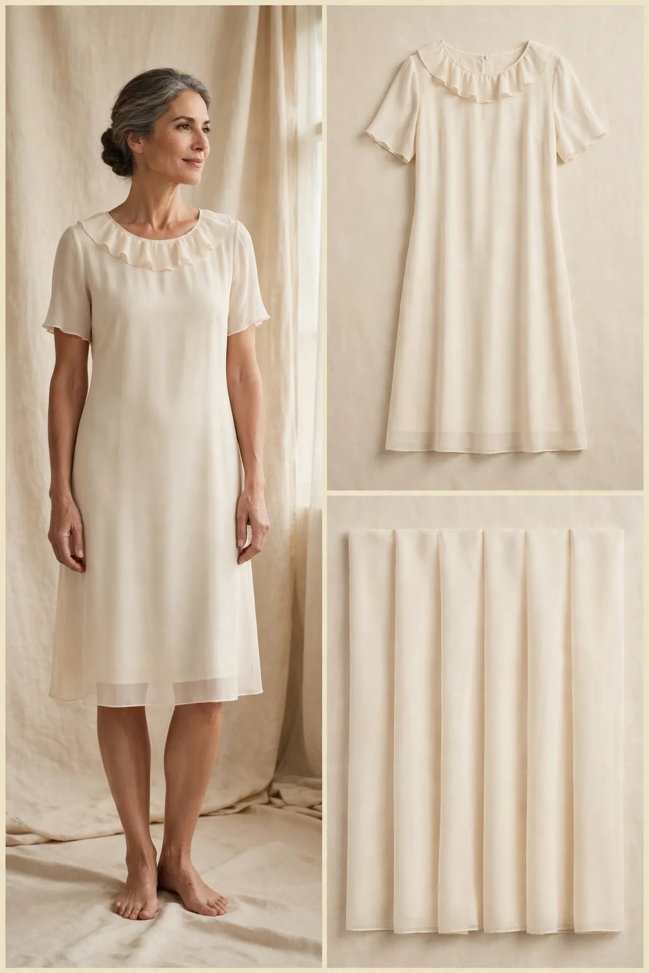 Elegant woman over 50 in a cream chiffon dress with a soft ruffle at the neckline and short sleeves, shown worn, as a flat-lay, and as fabric swatches.