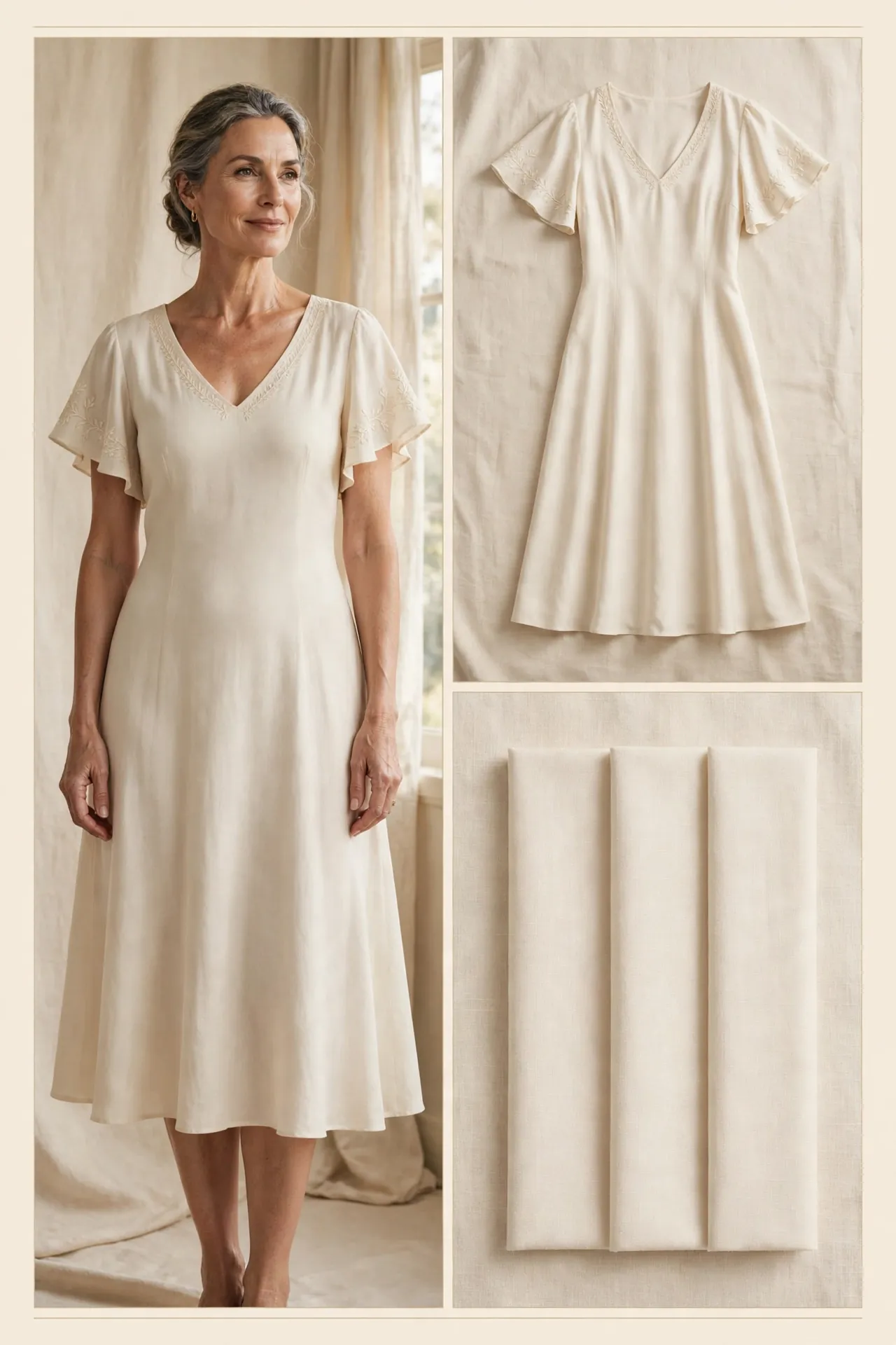 Woman over 50 wearing a cream dress with embroidered flutter sleeves and a flowing skirt