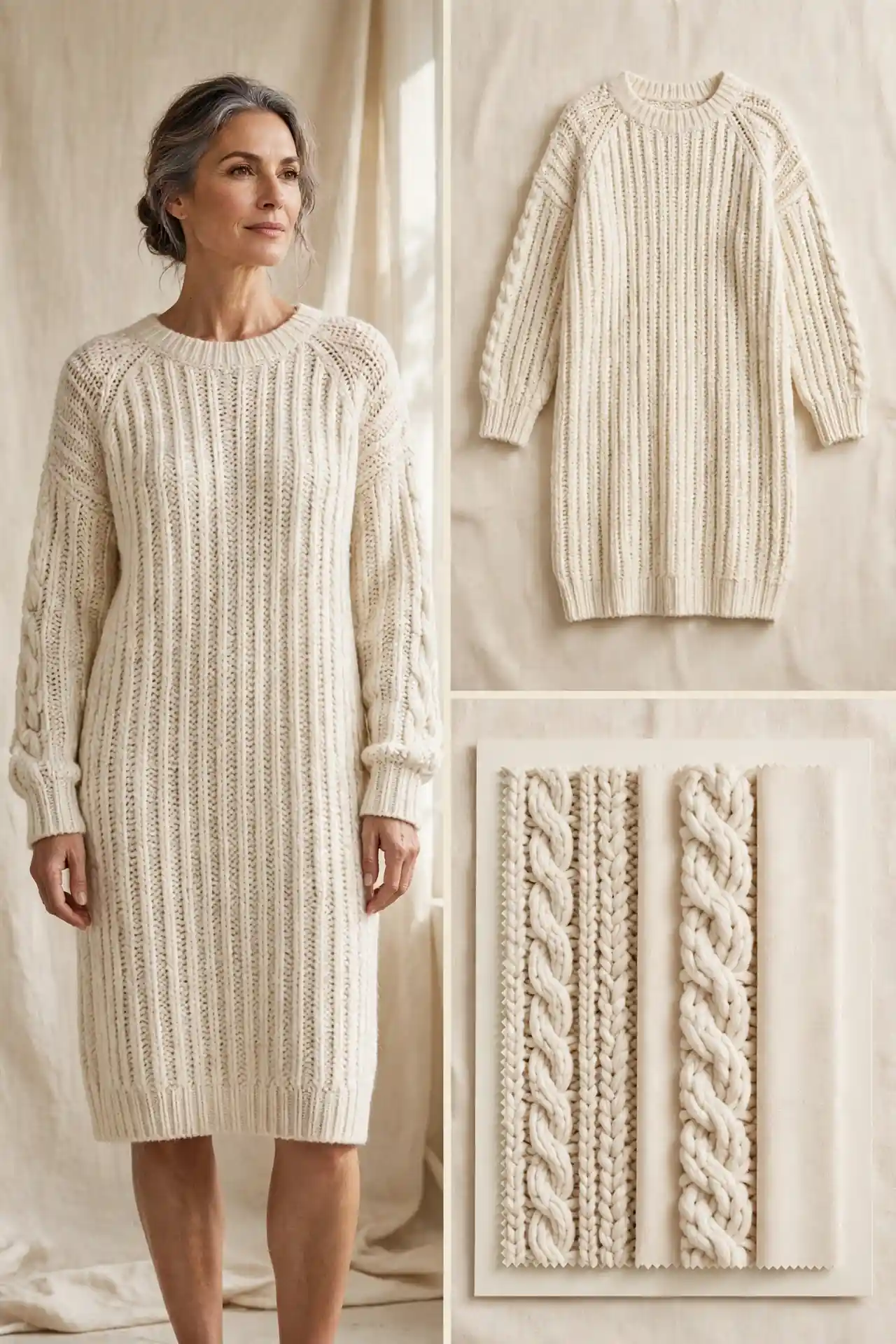 Woman over 50 wearing a cream oversized chunky knit sweater dress with long sleeves and knee length