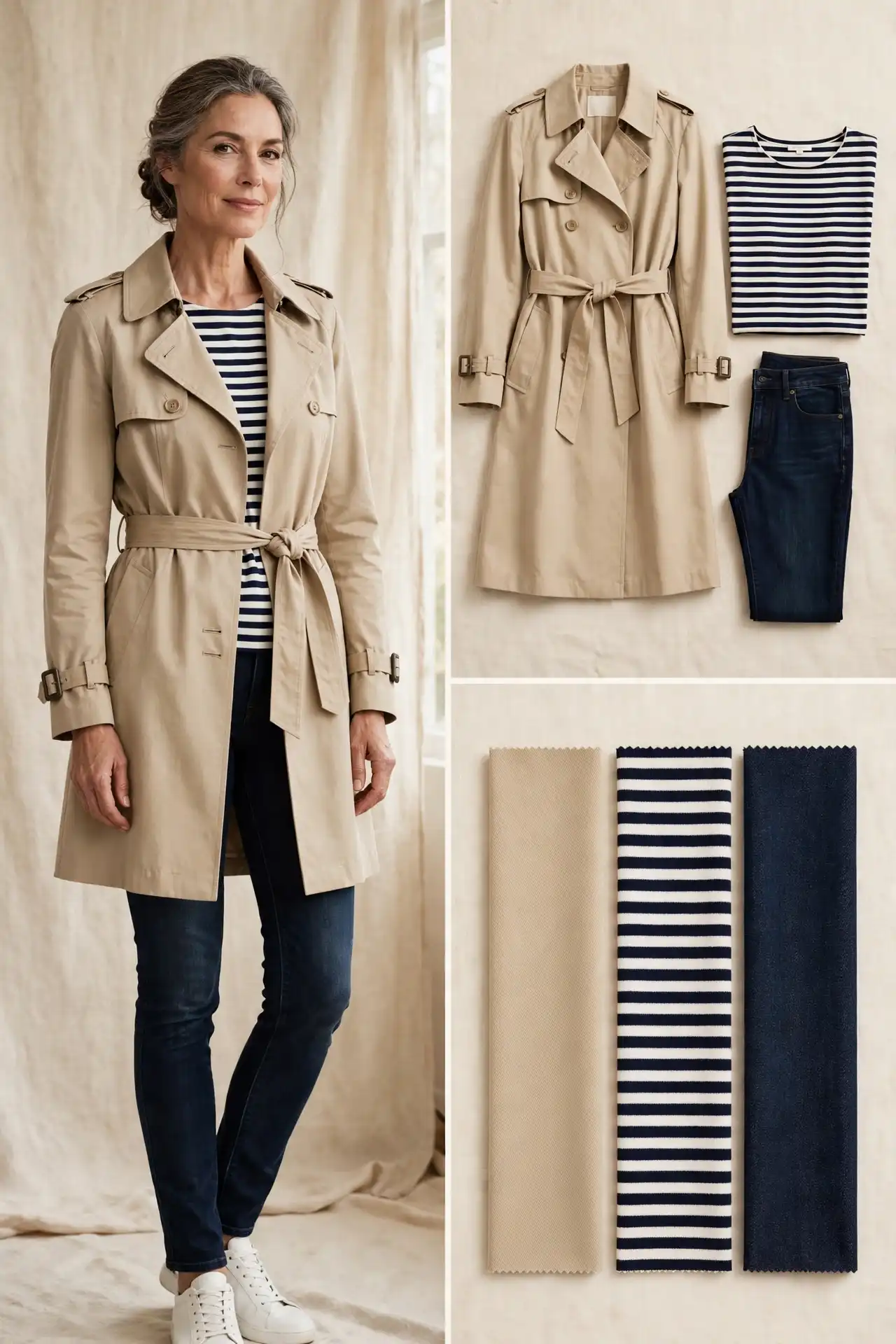Woman over 50 wearing a beige cropped trench coat over a navy Breton-striped top with slim dark jeans and white sneakers, shown with a flat-lay of the garments and fabric swatches