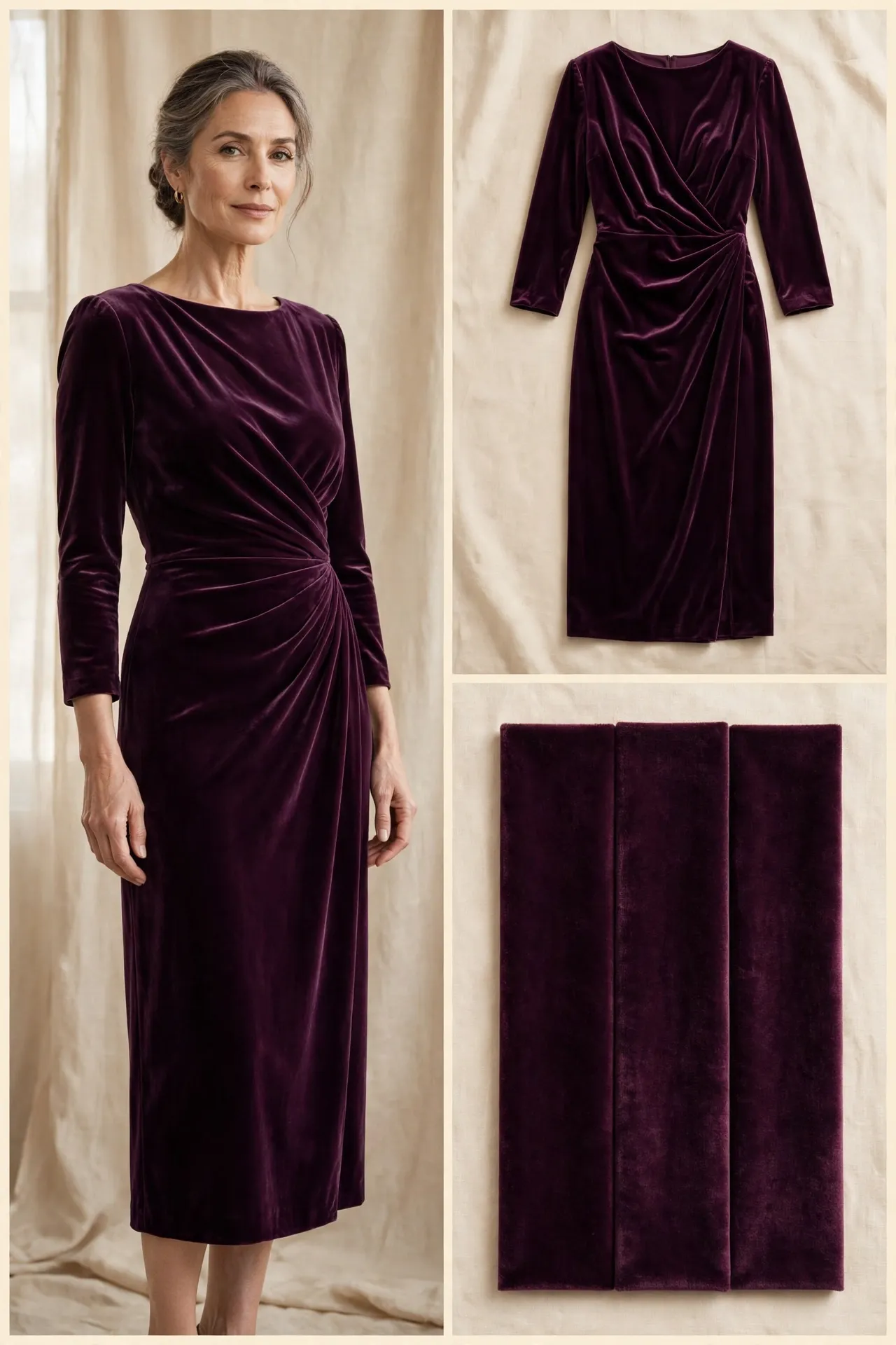 Elegant woman over 50 in a deep plum velvet midi dress with a draped waist and 3/4 sleeves, shown worn, as a flat-lay, and as fabric swatches.