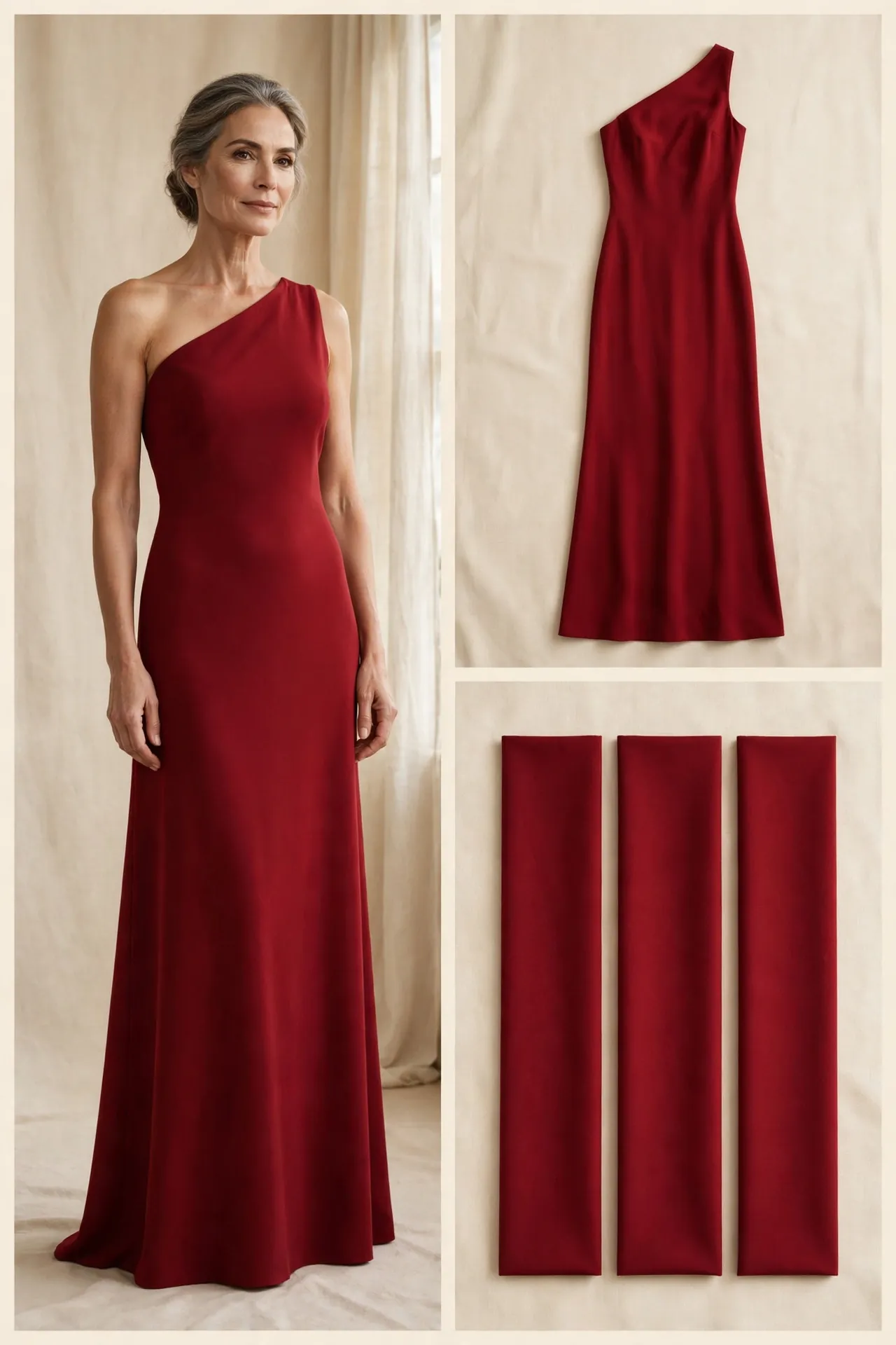 A woman over 50 wearing a deep red one-shoulder gown in solid matte fabric with a floor-length straight skirt.