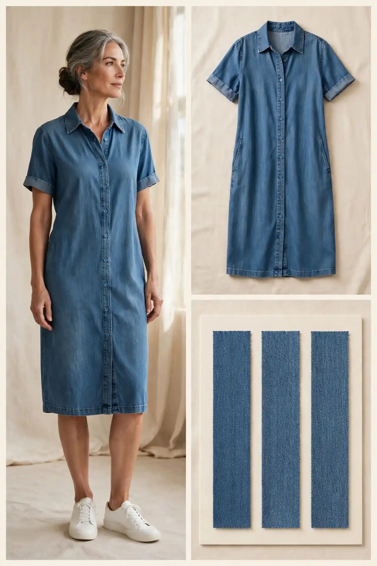 Woman over 50 in a mid-wash blue denim shirt dress with collar, button front and white sneakers