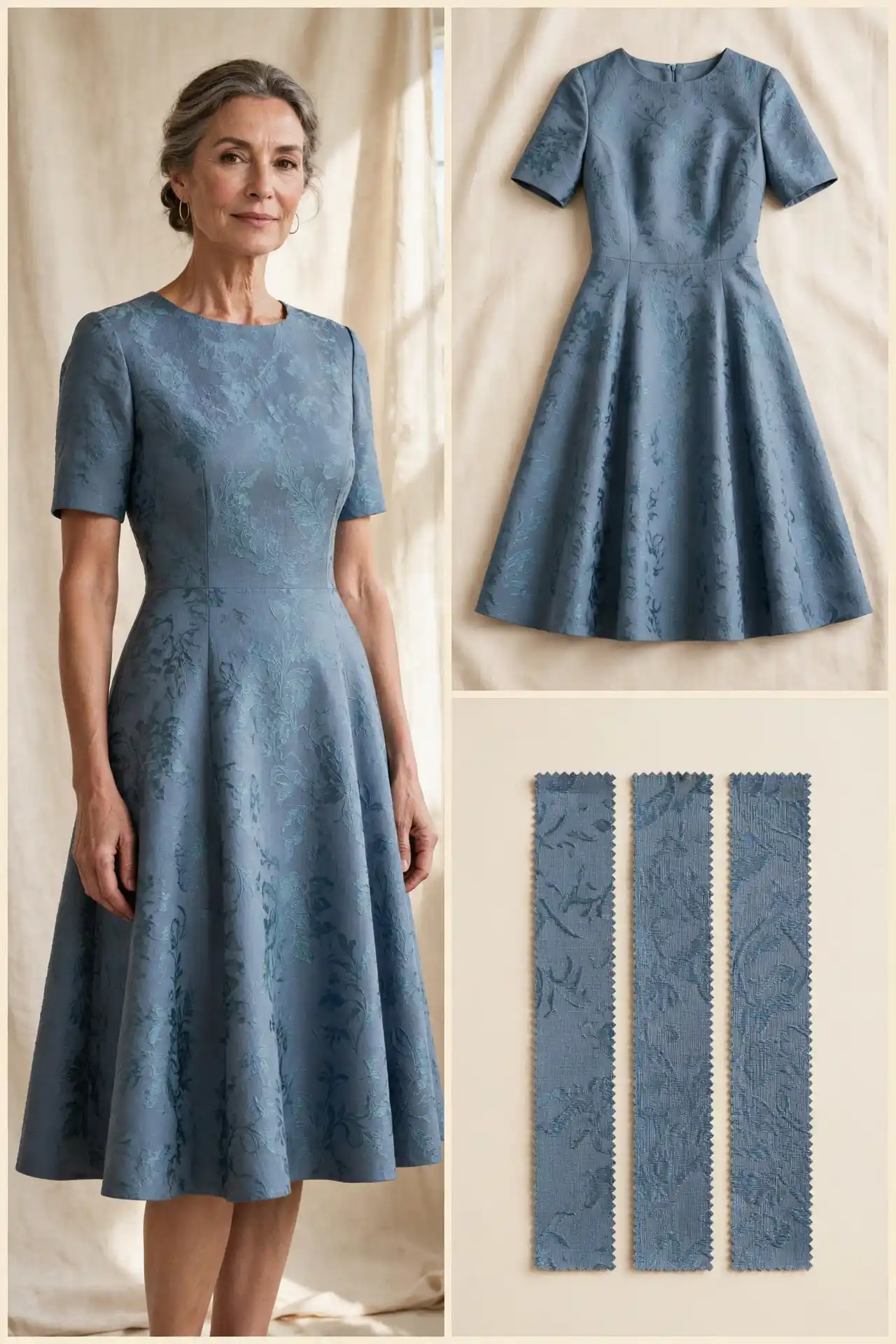 Woman over 50 wearing a dusty blue tonal jacquard fit-and-flare dress with short sleeves, knee length