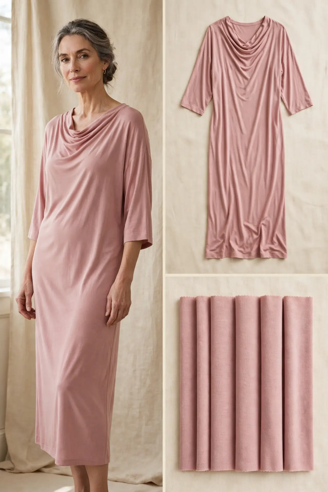 Elegant woman over 50 in a dusty pink draped jersey midi dress with a soft cowl neckline and 3/4 sleeves, shown worn, as a flat-lay, and as fabric swatches.
