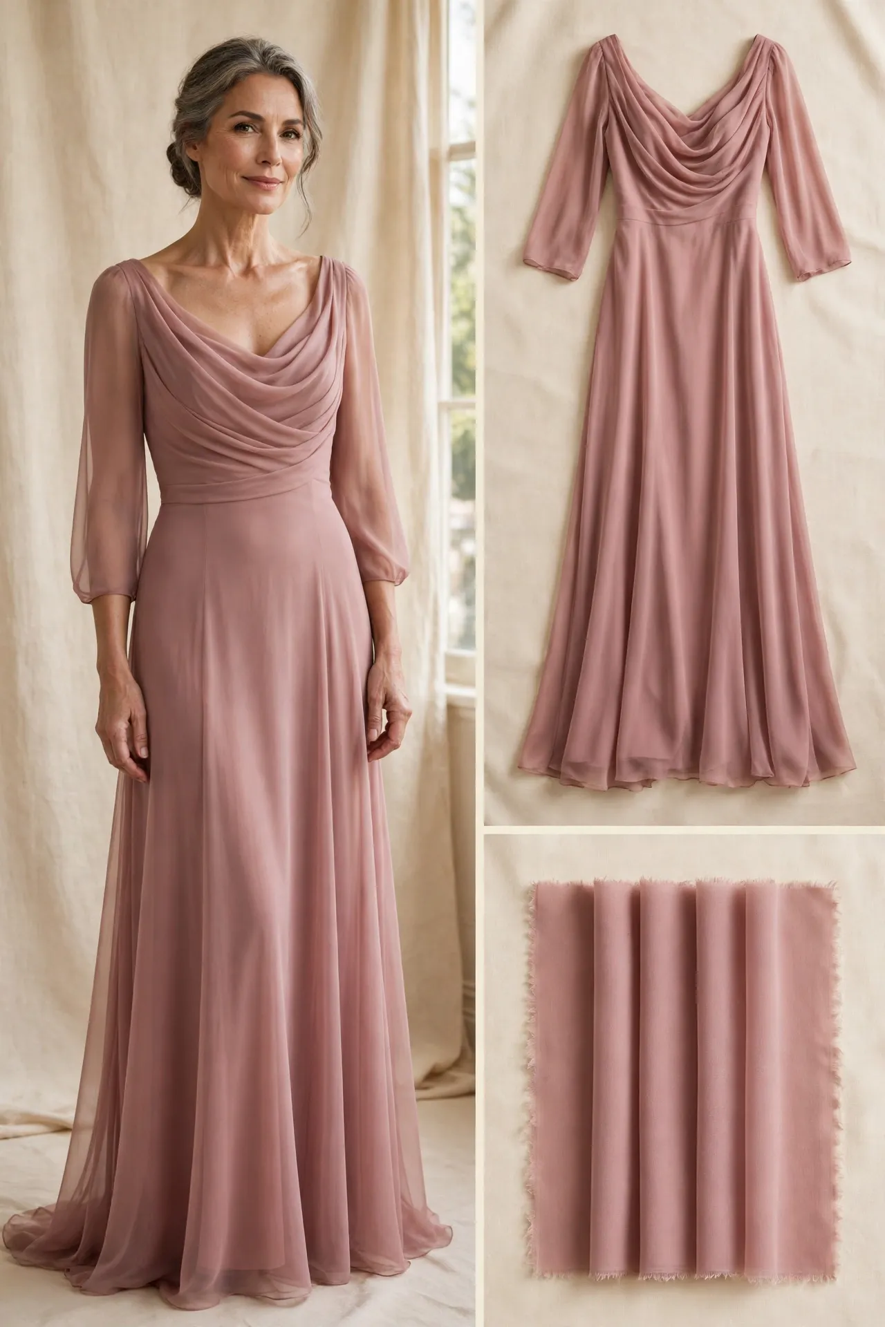 Woman over 50 wearing a dusty rose chiffon evening gown with a draped bodice, soft neckline, and 3/4 sleeves