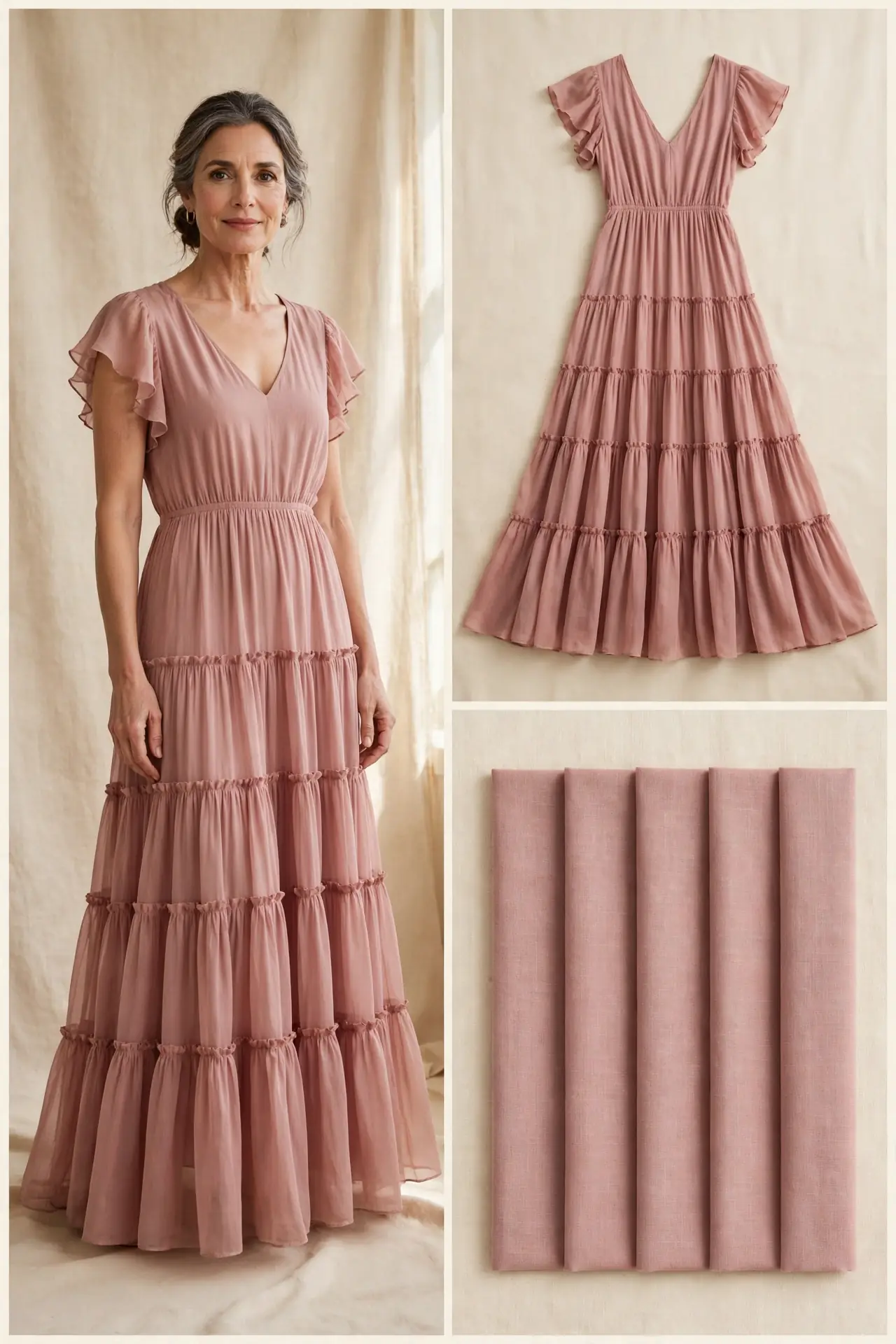 Woman over 50 wearing a dusty rose tiered maxi dress with V-neck and flutter sleeves