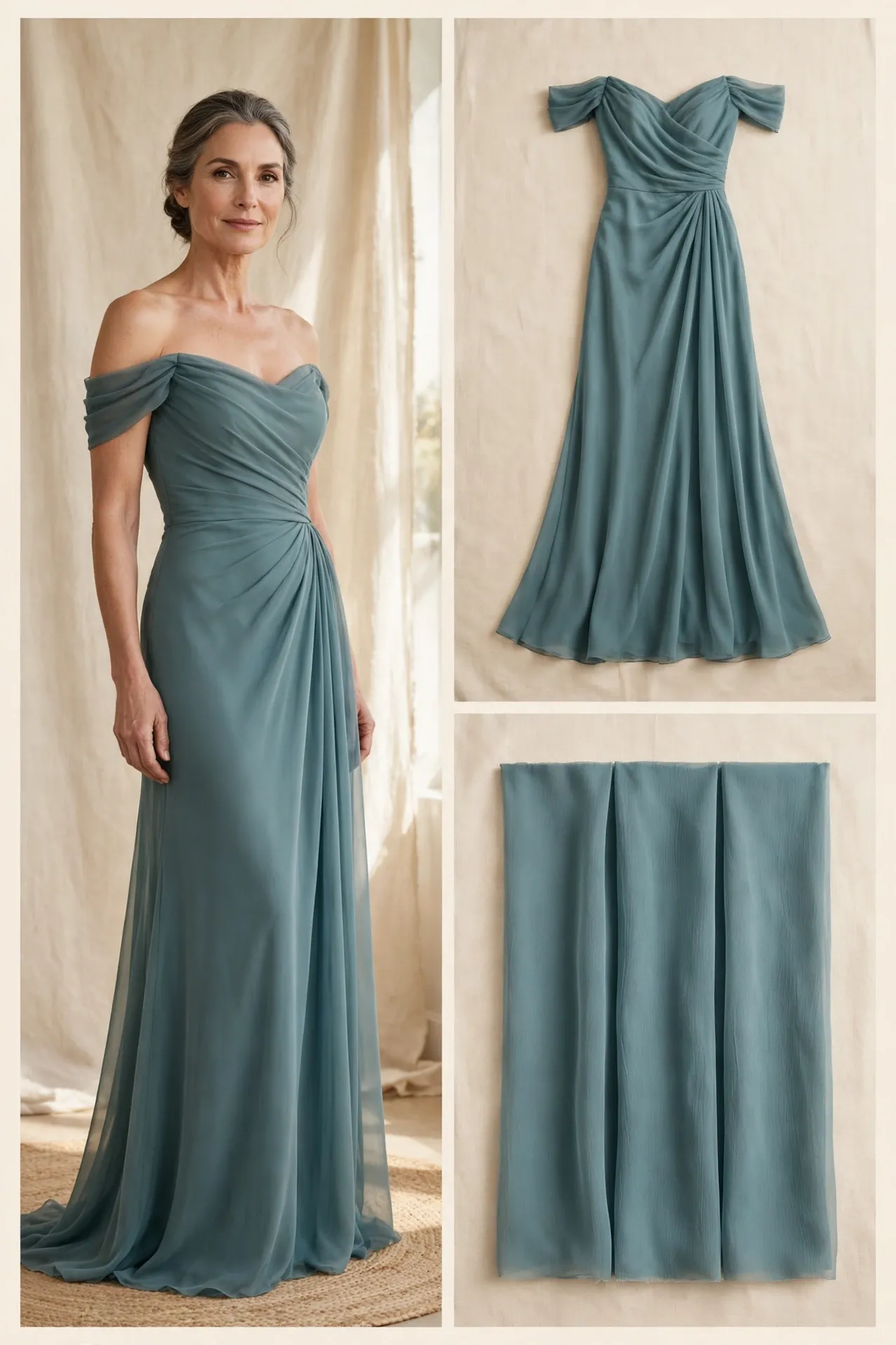 Elegant woman over 50 in a dusty teal off-the-shoulder chiffon gown with a draped bodice and floor-length skirt, shown worn, as a flat-lay, and as fabric swatches.