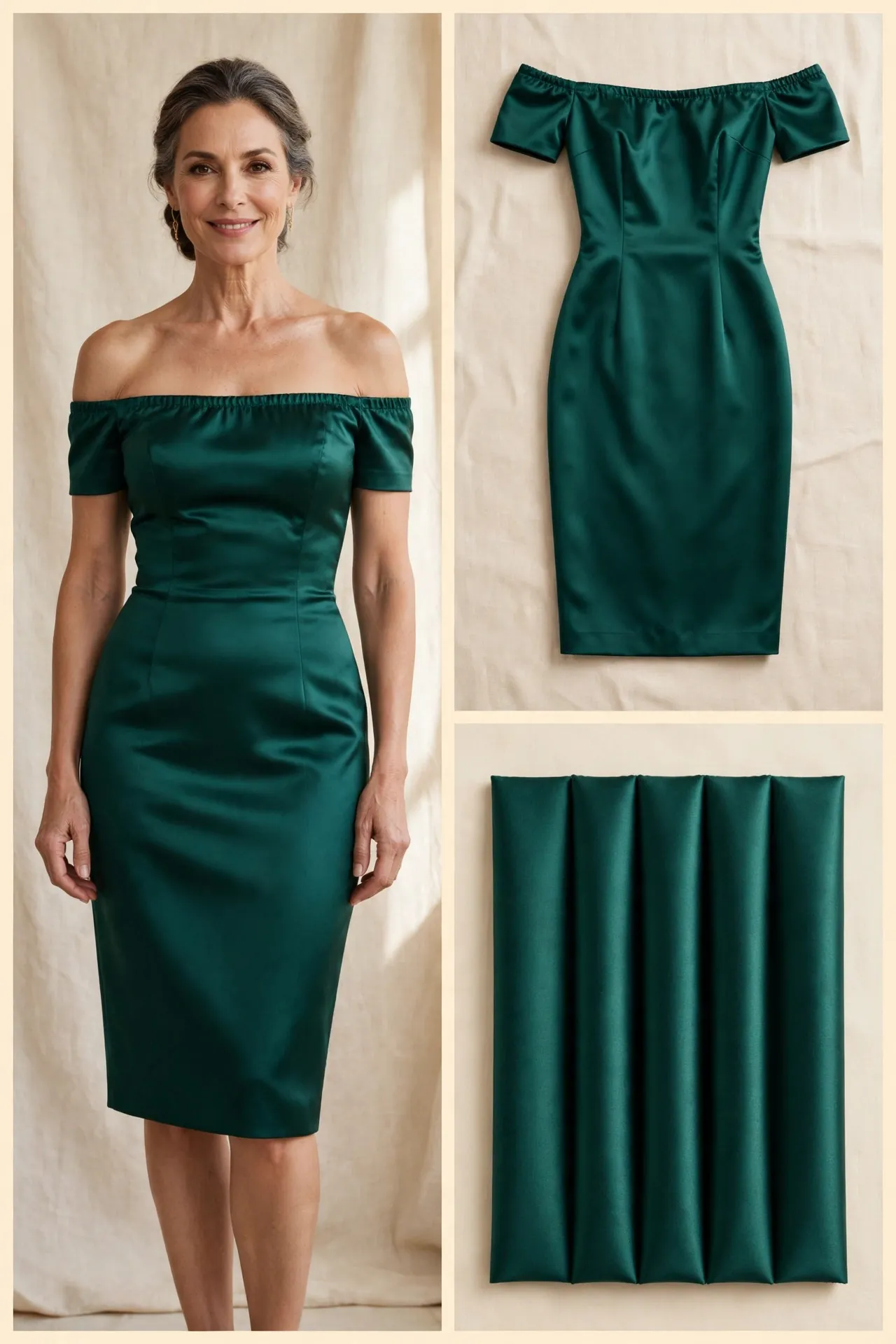 Elegant woman over 50 in an emerald jewel-tone Bardot cocktail dress with a neckline across the upper arms, bare shoulders and a fitted waist, shown as worn photo, flat-lay and fabric swatches