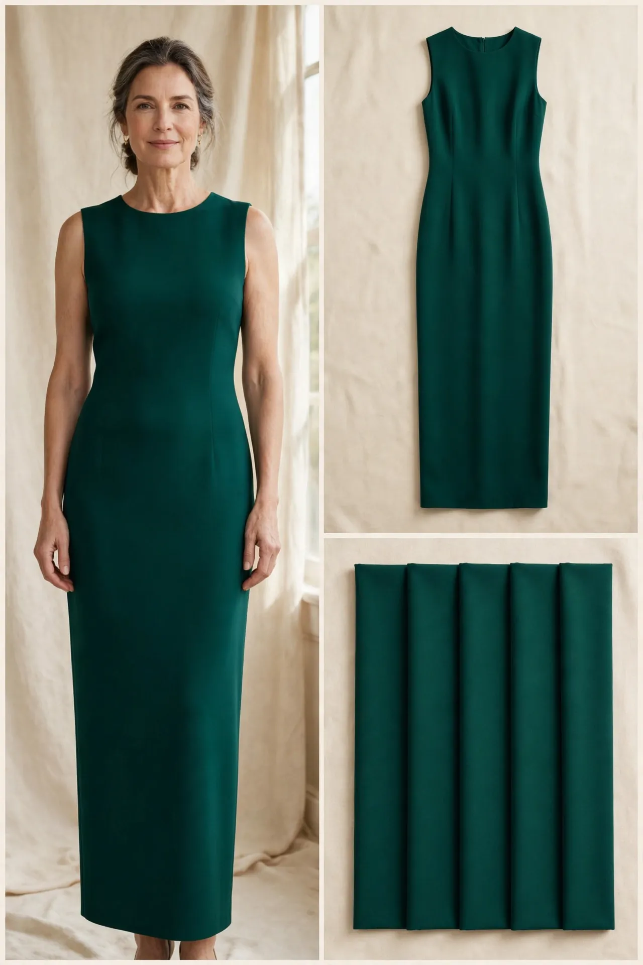 Woman over 50 in an emerald jewel-tone crepe evening column dress with modest neckline, with matching flat-lay and emerald crepe swatches