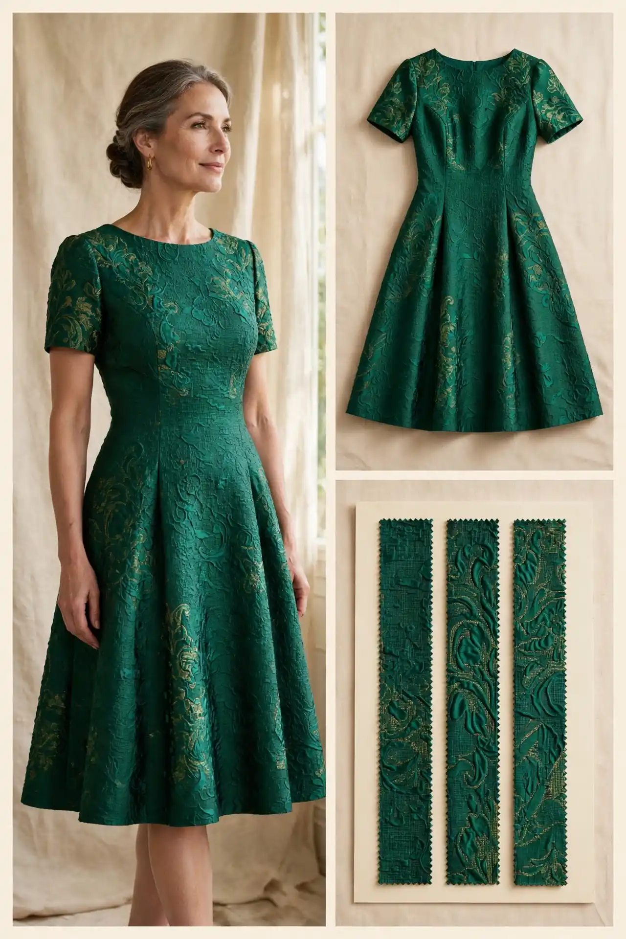 Woman over 50 in an emerald green textured jacquard cocktail dress with short sleeves, a full skirt and knee length, with matching flat-lay and jacquard fabric swatches