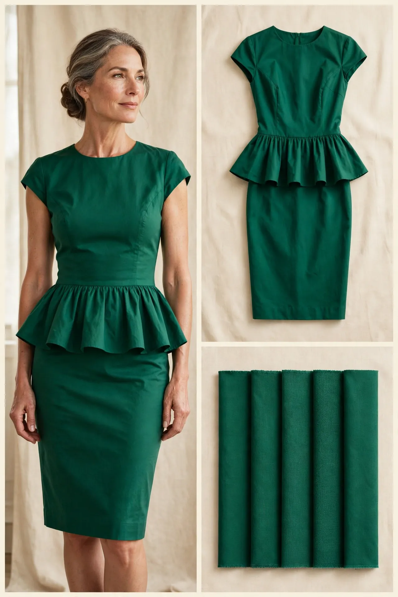 Woman over 50 wearing an emerald crisp-cotton peplum dress with a flared peplum at the waist