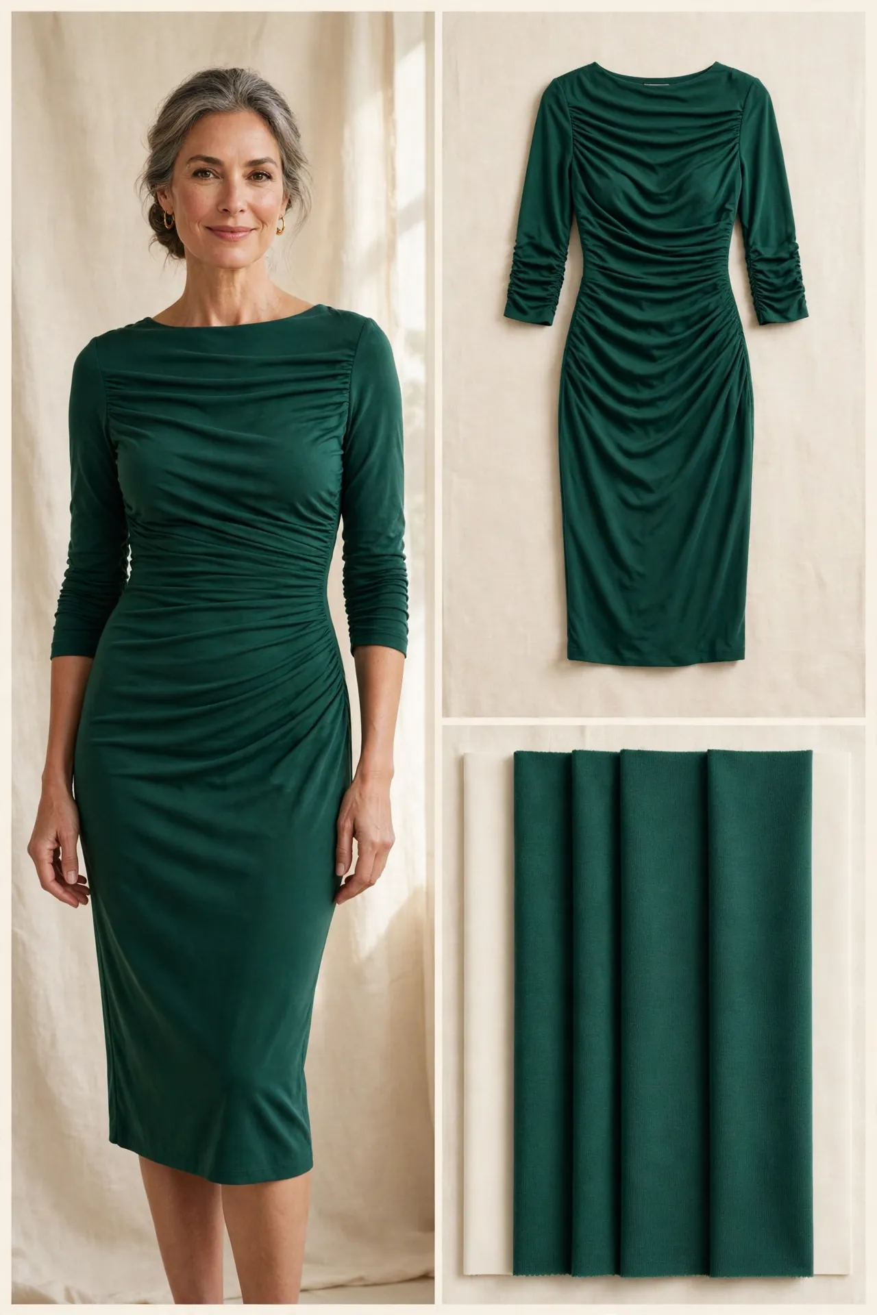 Fashion collage of a woman over 50 wearing an emerald green ruched-bodice jersey dress with 3/4 sleeves, with matching flat-lay and jersey fabric swatches