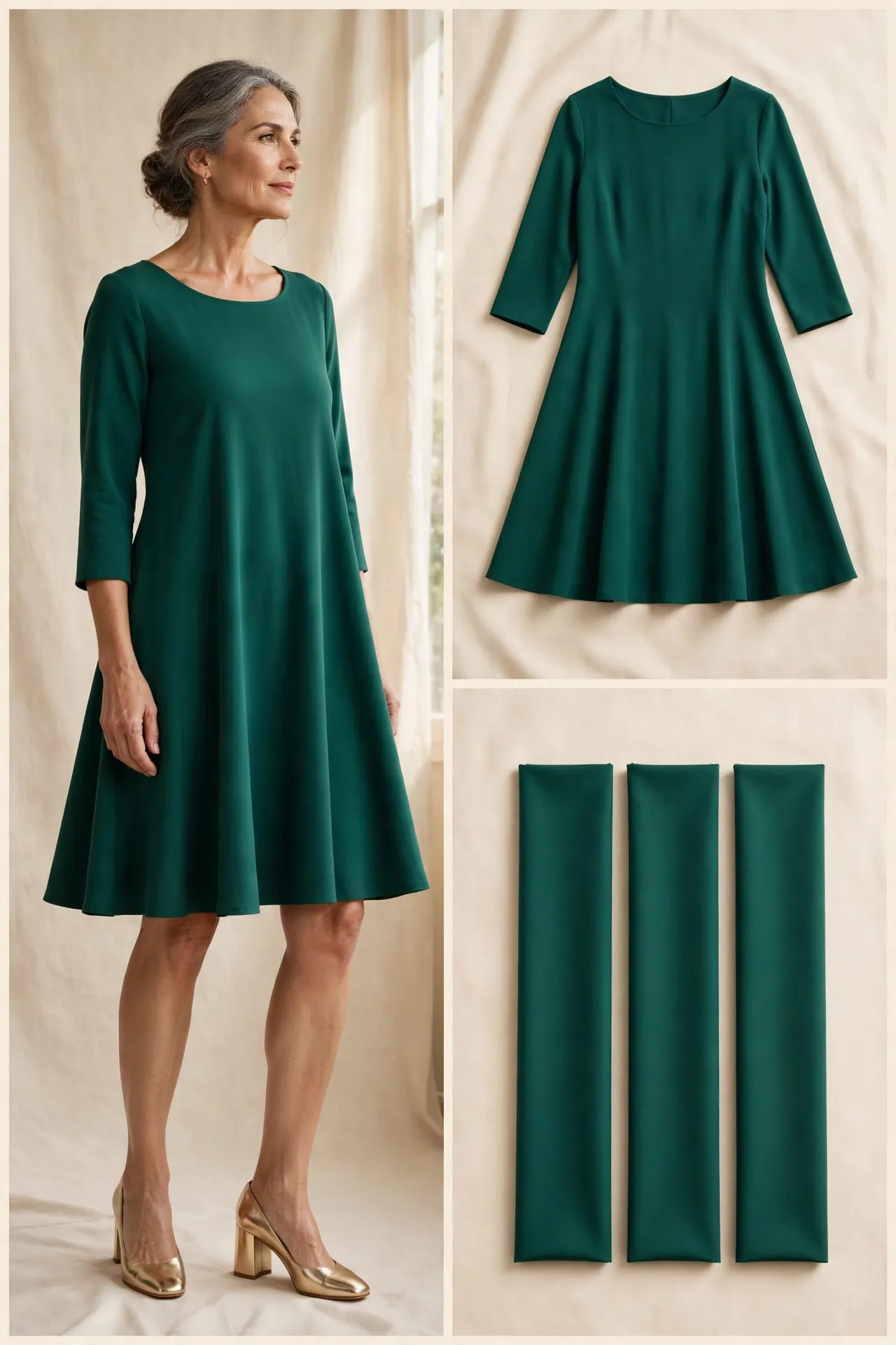 A woman over 50 wearing an emerald swing dress with a trapeze flare, knee length, and metallic block-heel shoes.