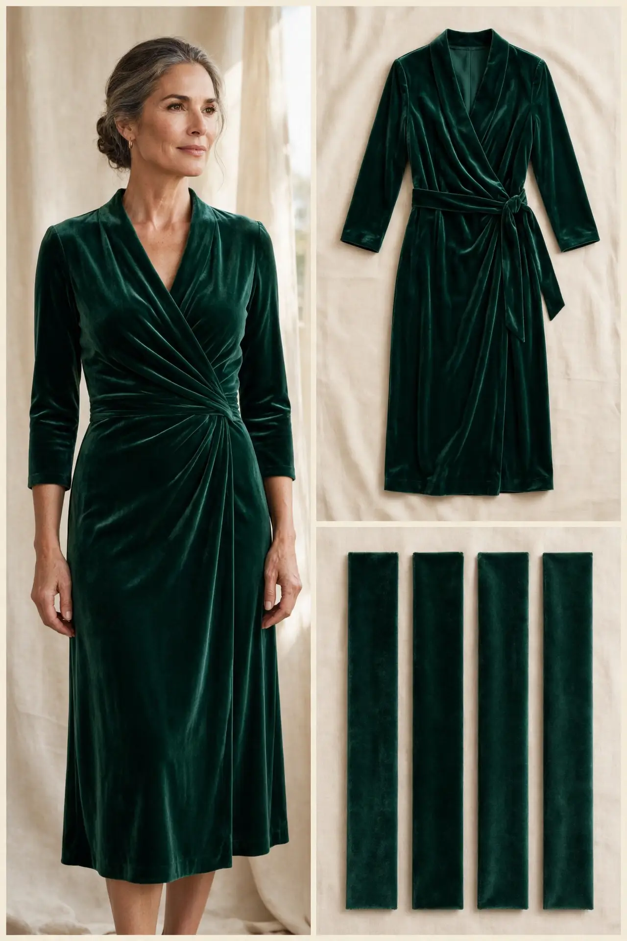 A confident woman over 50 wearing an emerald velvet wrap dress with a wrap front and midi length.