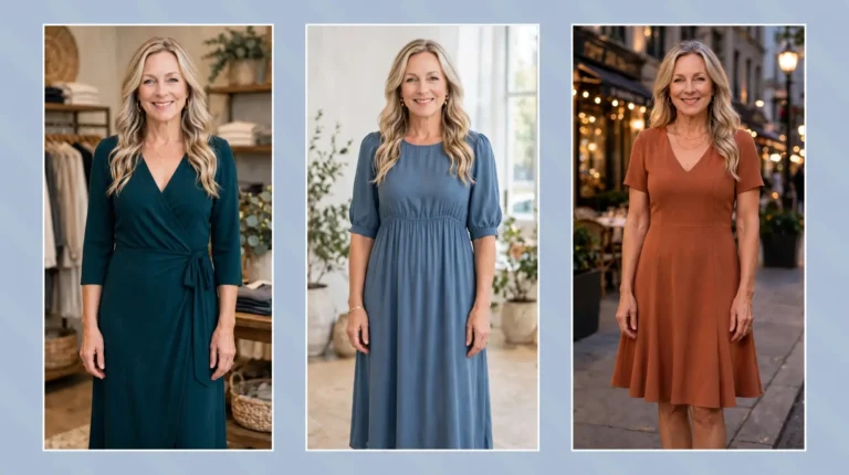 Style collage of a woman over 50 wearing three flattering dresses for an apple-shaped figure: a teal wrap dress, a dusty blue empire-waist dress and a terracotta swing dress.